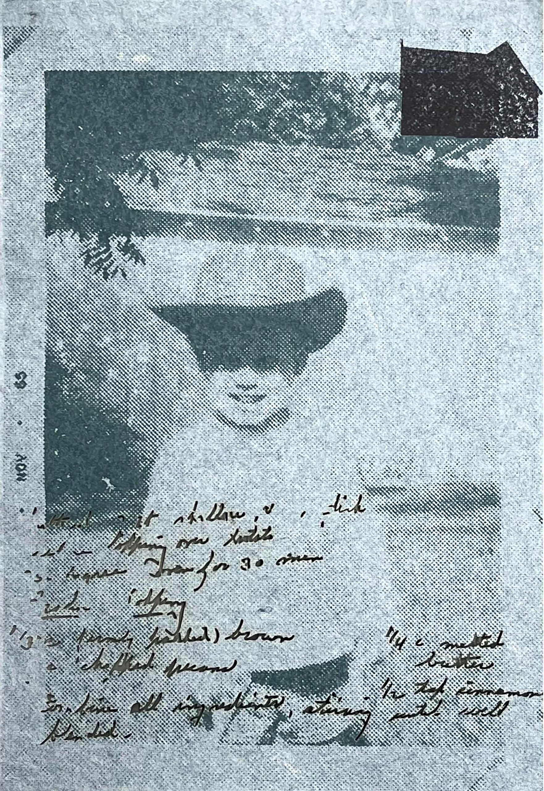 Blue textured paper with a halftoned image of a young child in a cowboy hat standing in a backyard. On the side of the halftoned image, it reads “Nov 65”. A black silhouette in the shape of a house is stamped on the upper right corner. Cursive handwriting has been cut out of the paper on the bottom left corner.