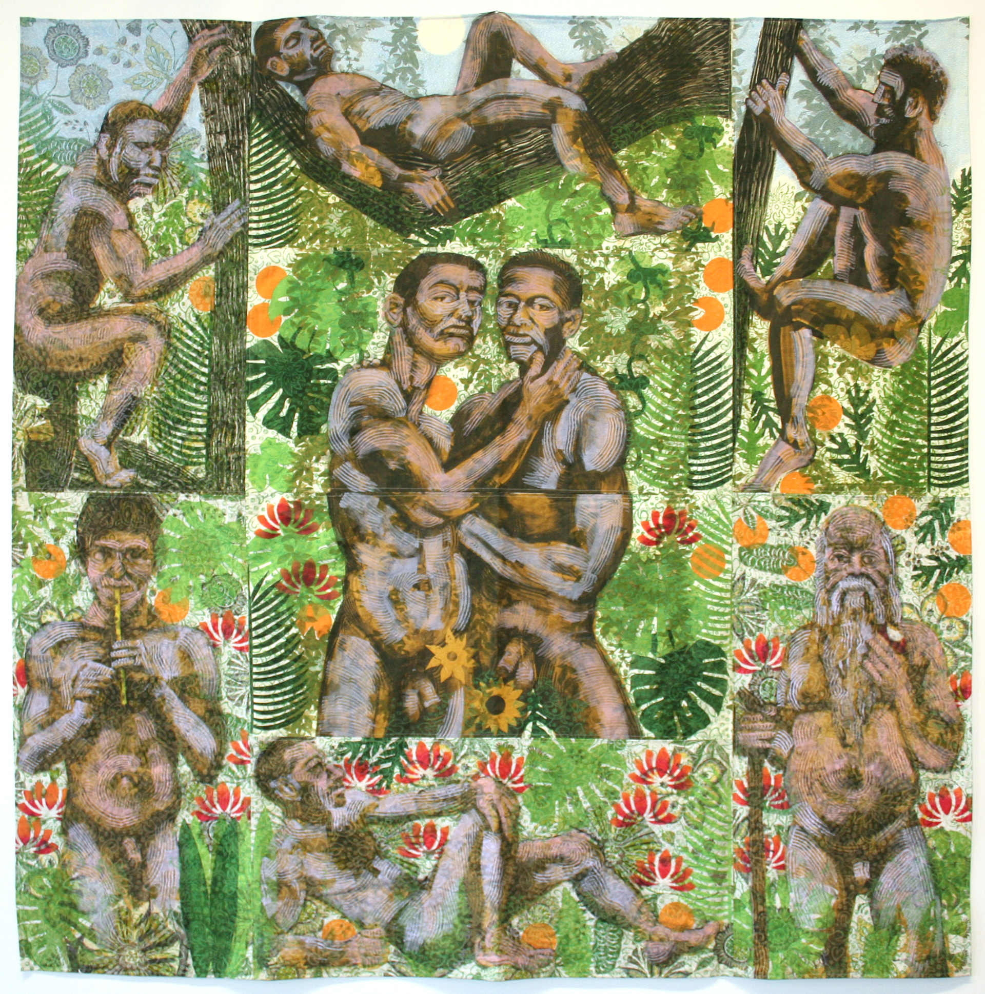 Nude men populate a tropical scene composed of monoprints on fabric. The exotic location evokes scenes of Eden and Gauguin's work from Tahiti.