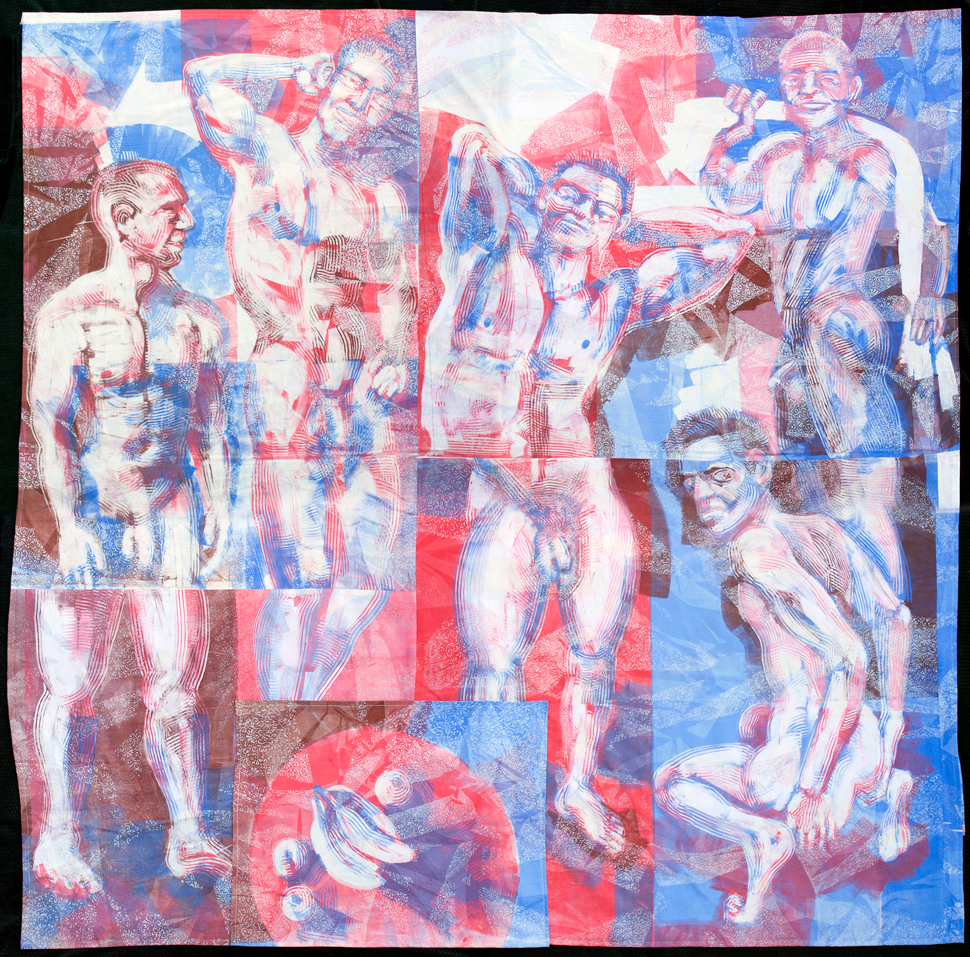 Five nude men, monoprinted in red and blue, are composed to look like Picasso's Les Desmoiselles d'Avignon.