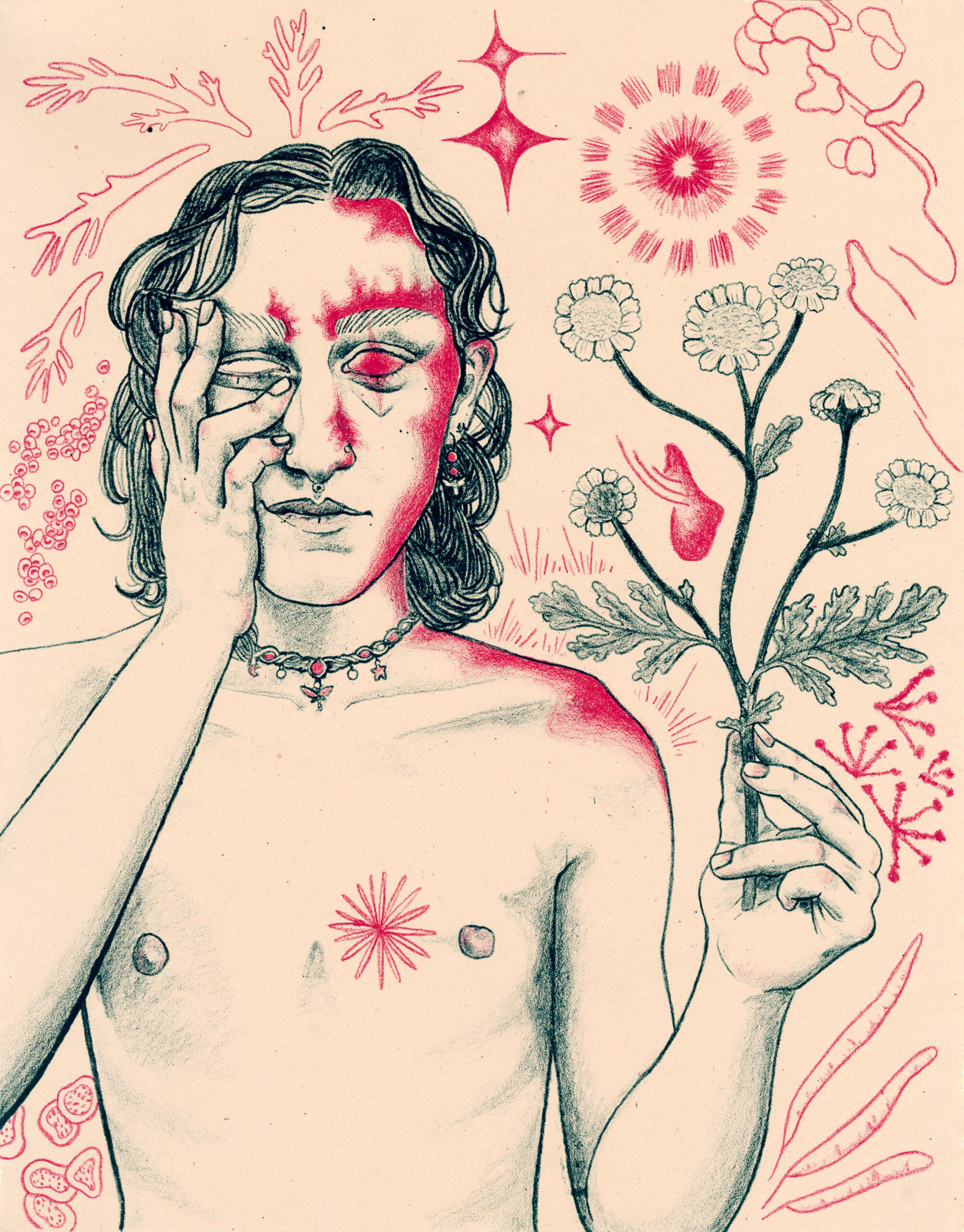 An eyeless figure suffering from a migraine holds a sprig of feverfew surrounded by optical hallucinations