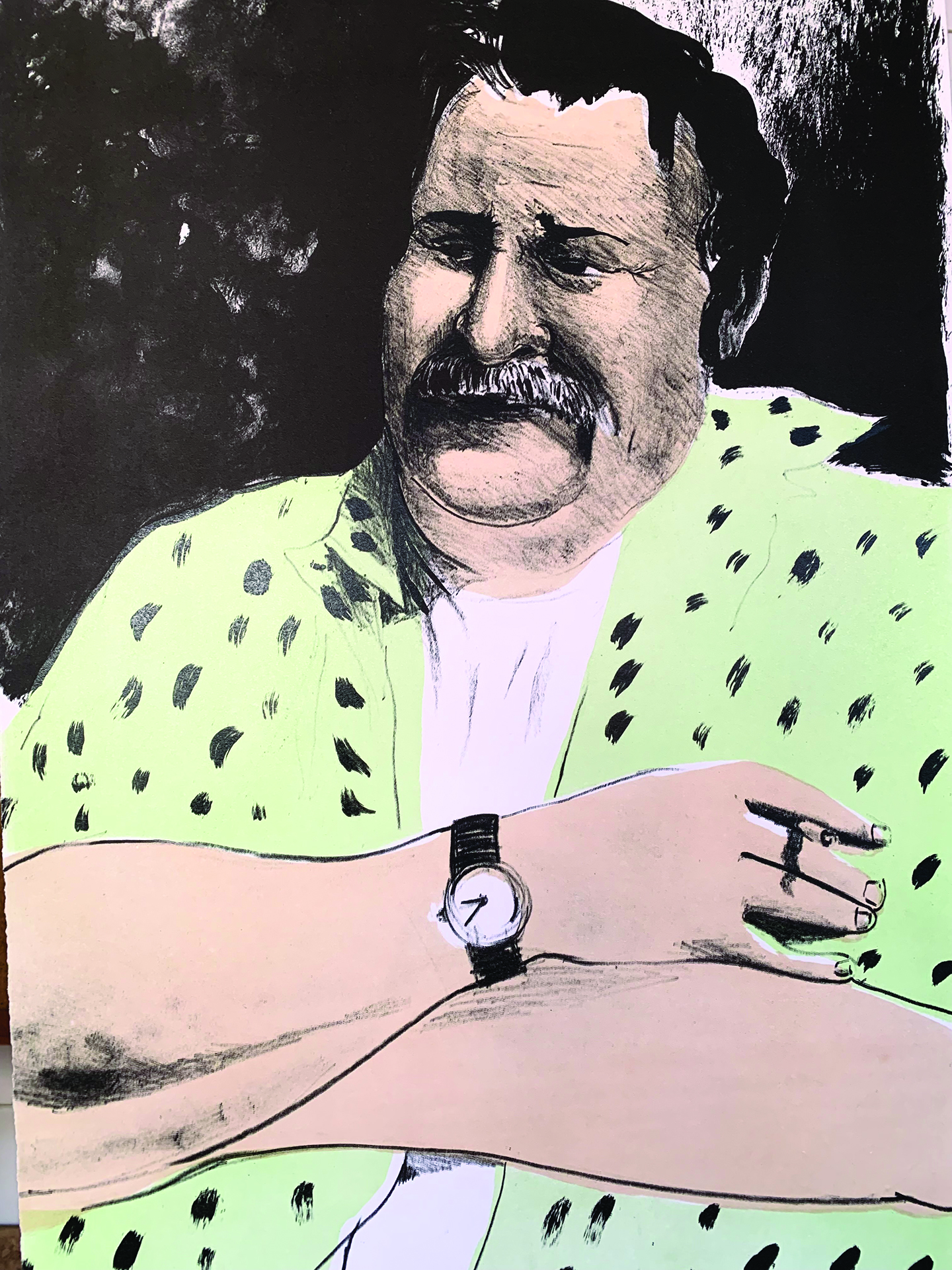 A stylized crayon and tusche stone lithograph of an imposing, mustachioed man in a neon green shirt.