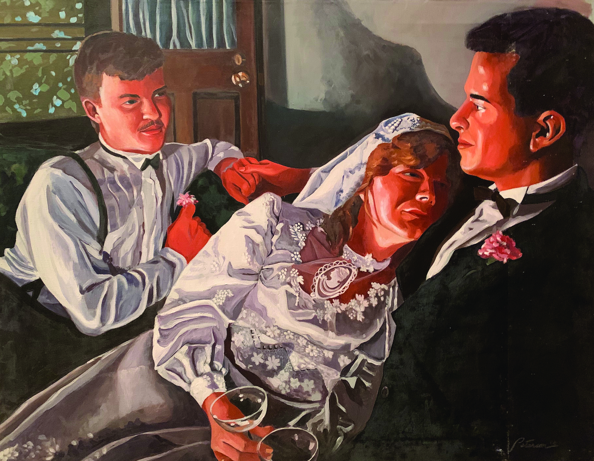 A painting and digital drawing depicting a new bride resting her head on the groom's shoulder lovingly, while the groom is holding hands with a groomsman just behind the bride.