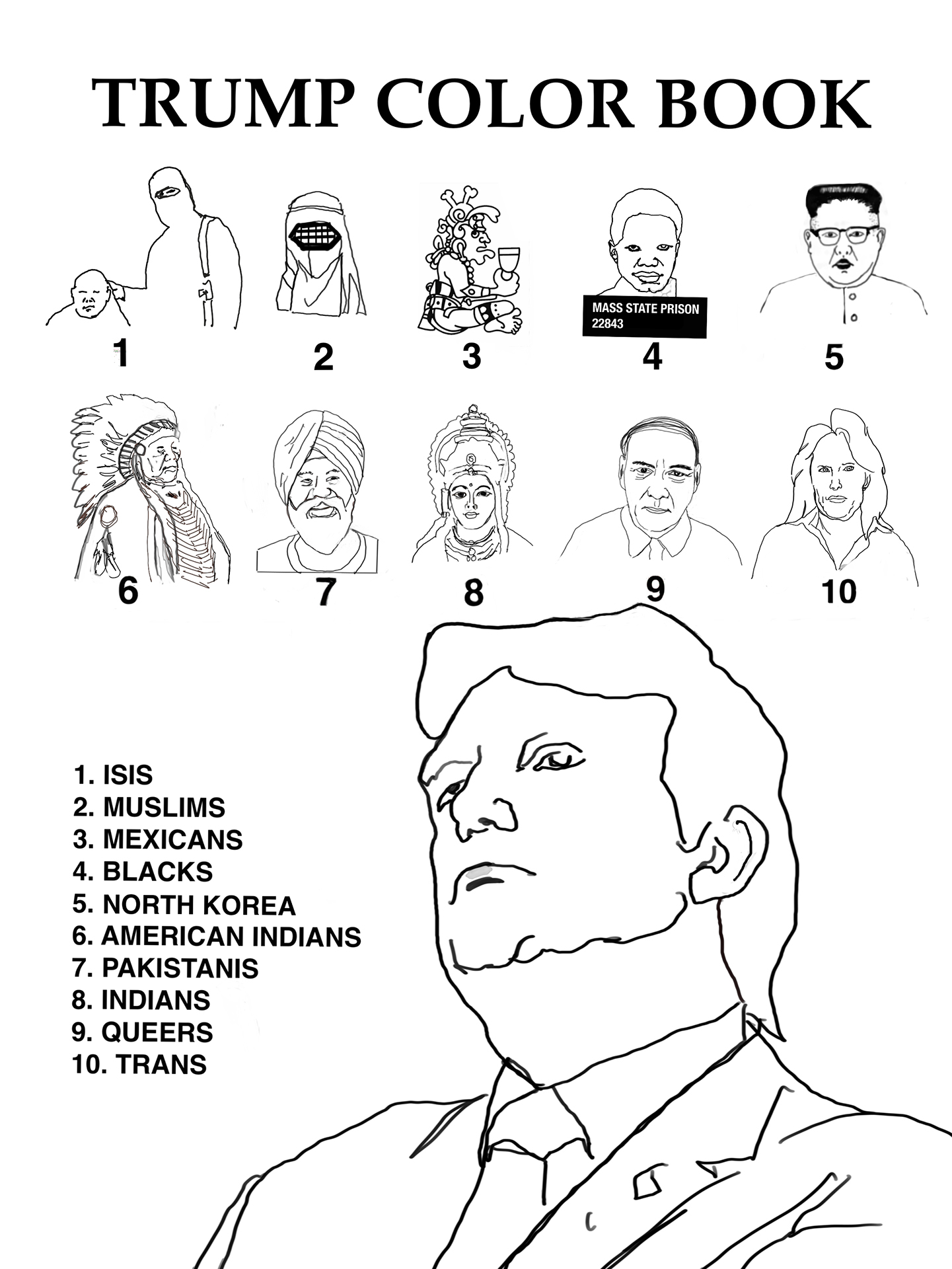 A second Trump coloring book page, this time with line drawing portraits of political enemies, often marginalized groups, depicted as stereotypes or caricatures, or well-known representatives of the group.