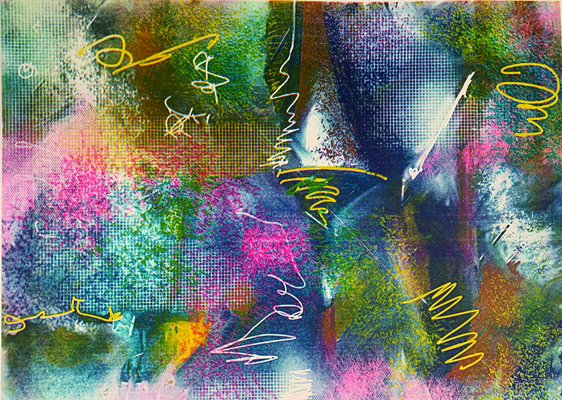 A lithographic translation of a Procreate digital drawing featuring layers of bright colors in largely overlapping mesh textures with finer, graphic erasing to expose previous layers, culminating in a deep, nonobjective composition.