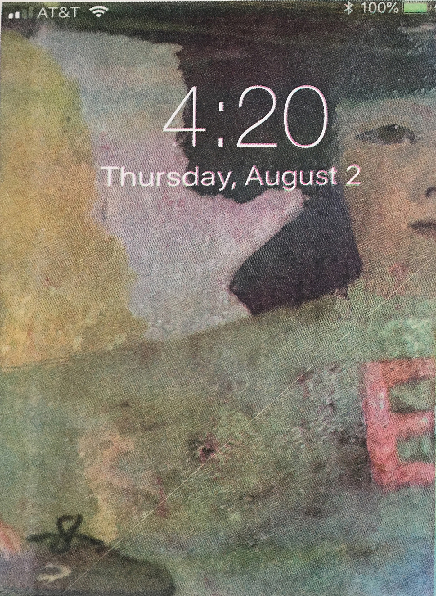 A trompe l'oeil lithographic translation of an iPhone homescreen at 4:20. The homescreen background image is a modernist painting.