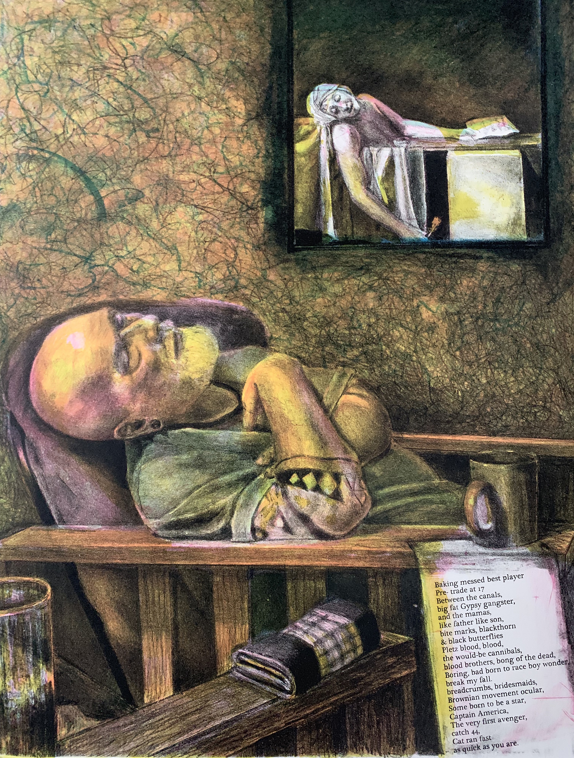 A lithograph of the artist napping, reclining in a chair. On the wall is a David's Death of Marat, with Peterson's pose nearly mirroring Marat's. In the foreground lyrics allude to the text Marat was writing in the painting.