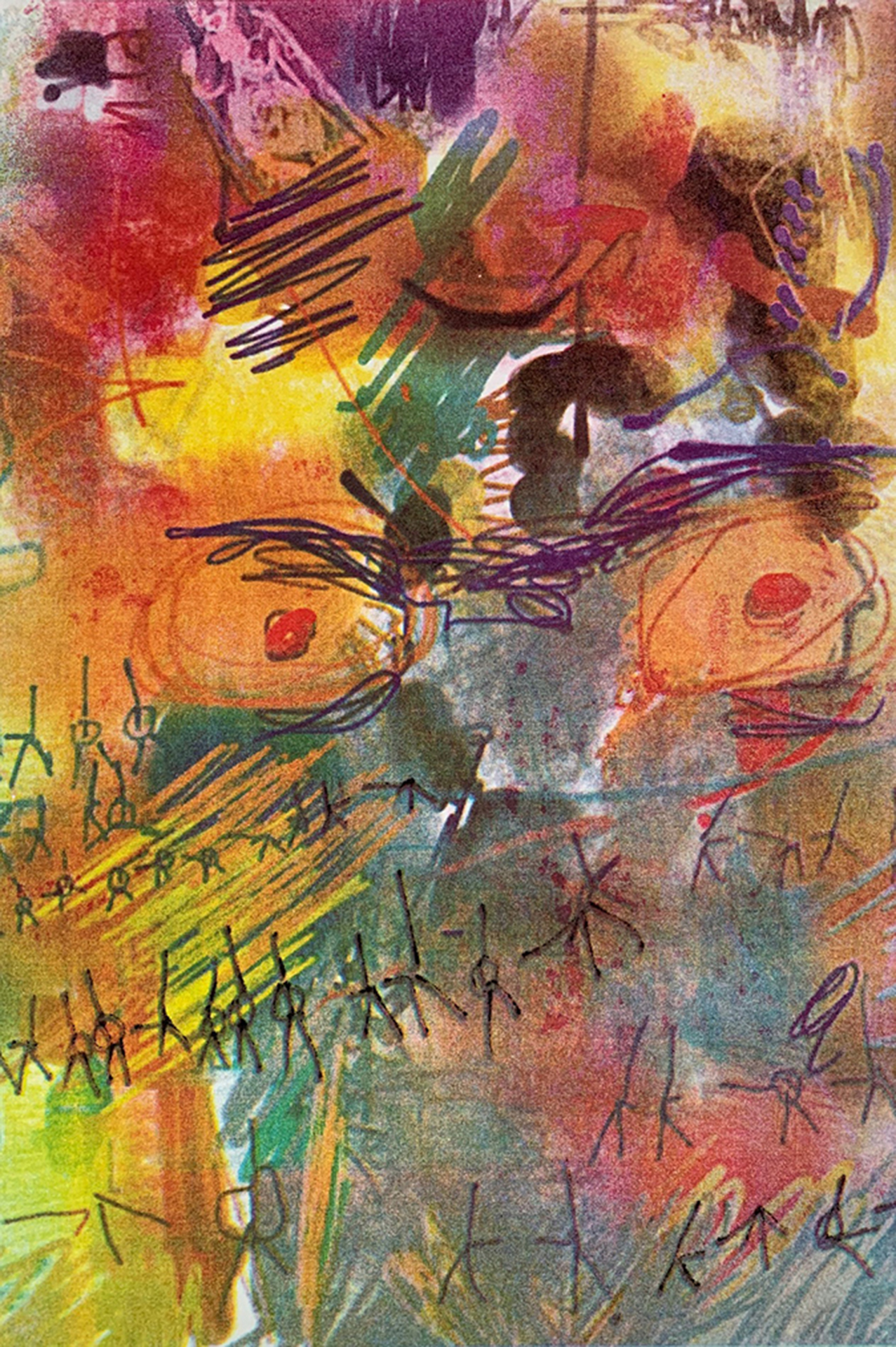 A lithographic translation of a Procreate digital drawing featuring layers of bright colors in various textures and brushes culminating in a deep, nonobjective composition. Abstracted breasts, like angry eyes, stare back at the viewer making the piece reminiscent of de Kooning's Woman series.