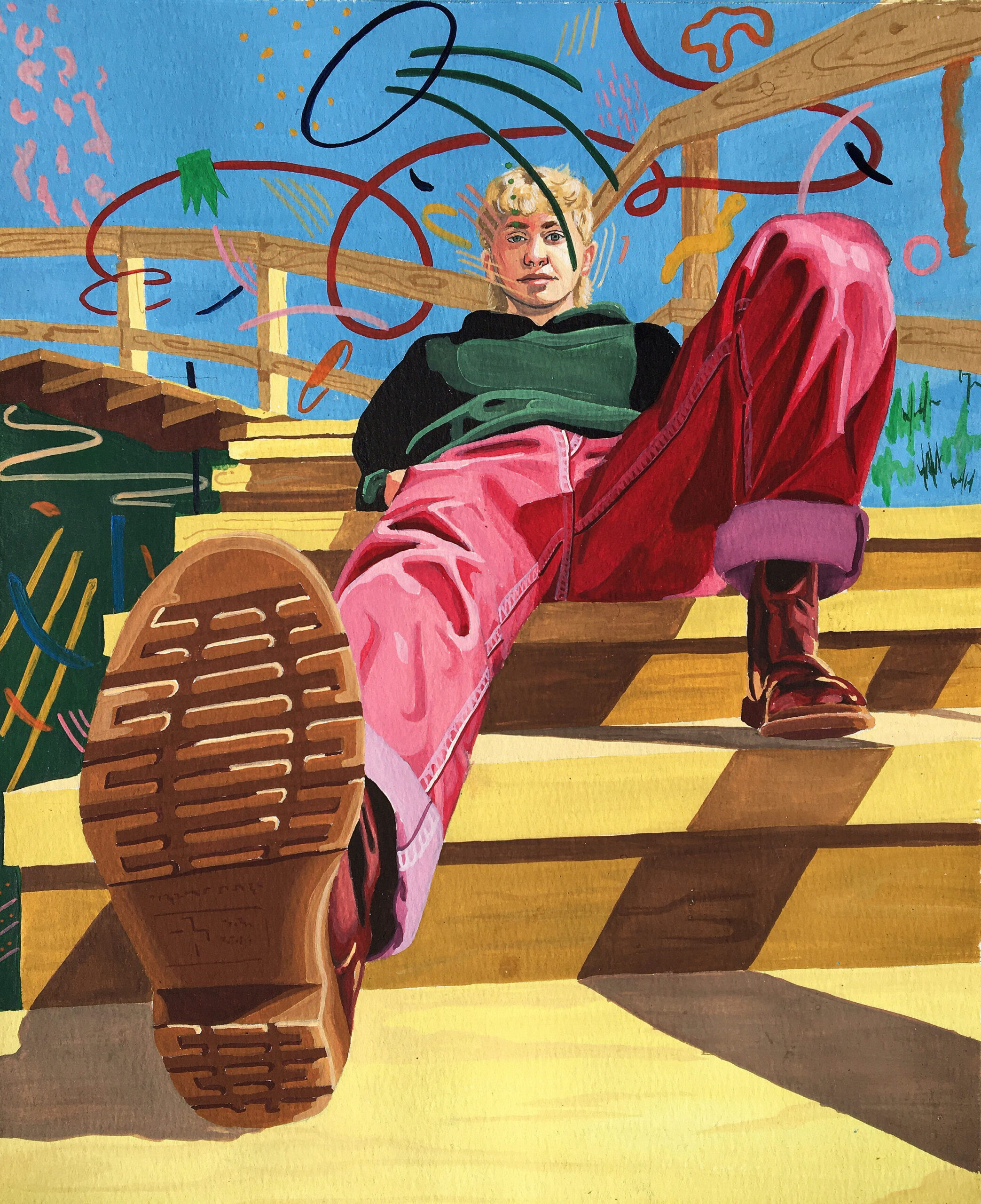 A extremely foreshortened figure reclines on a wooden staircase with non objective marks populating the background