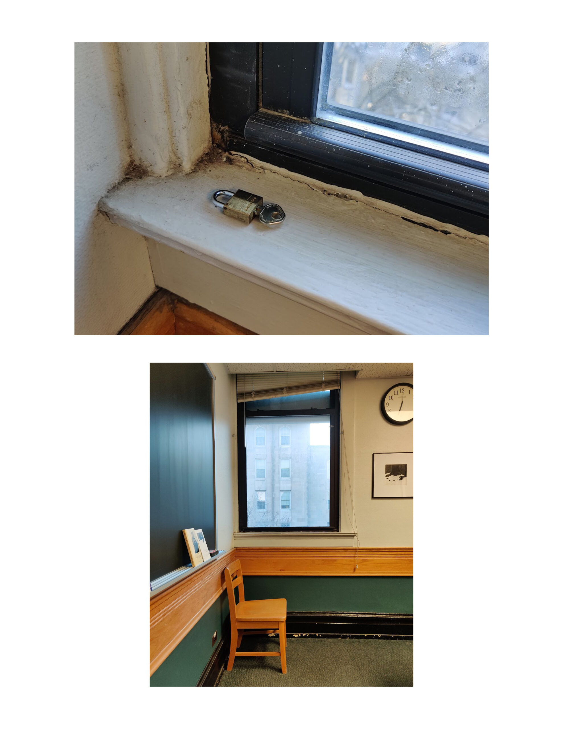 A key inserted into a brass and stainless lock sits on a classroom windowsill.