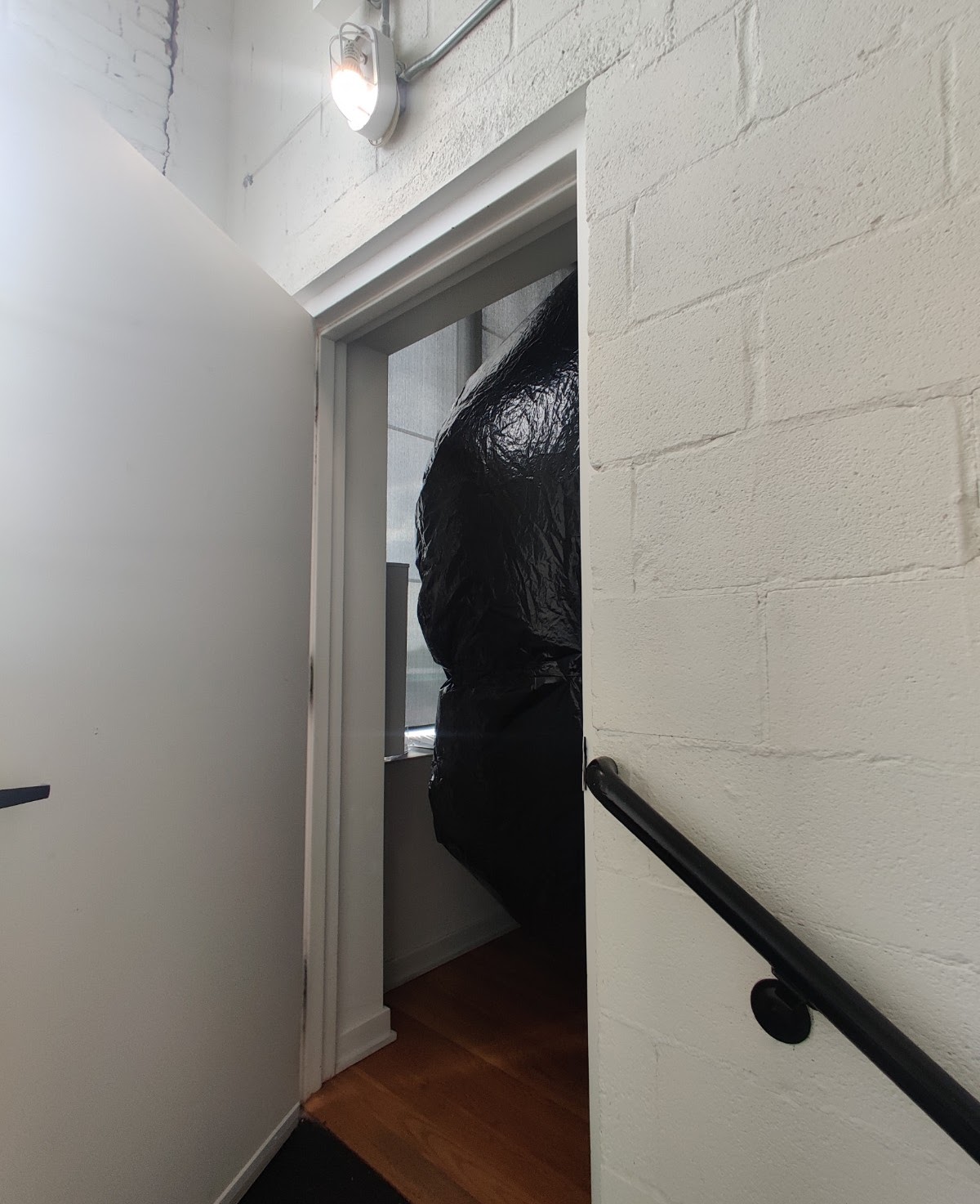 A portion of a large black inflatable seems to be trying to escape a space into an adjacent stairwell. The performance of this piece was marred by mishandling by the host institution.