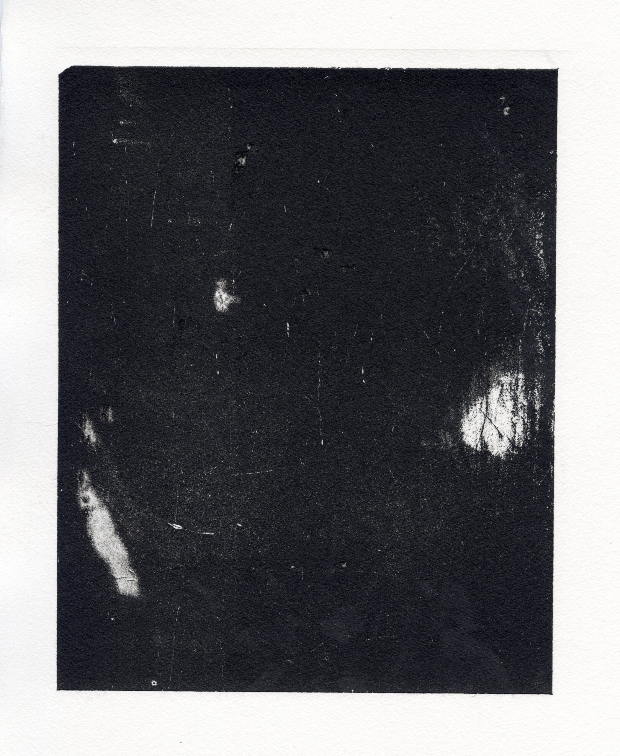 A nearly black relief monoprint pulled from a scratched glass plate. A remnant of the tear occlusion from the previous impression is on the left while a nearly white circle is on the middle right margin.