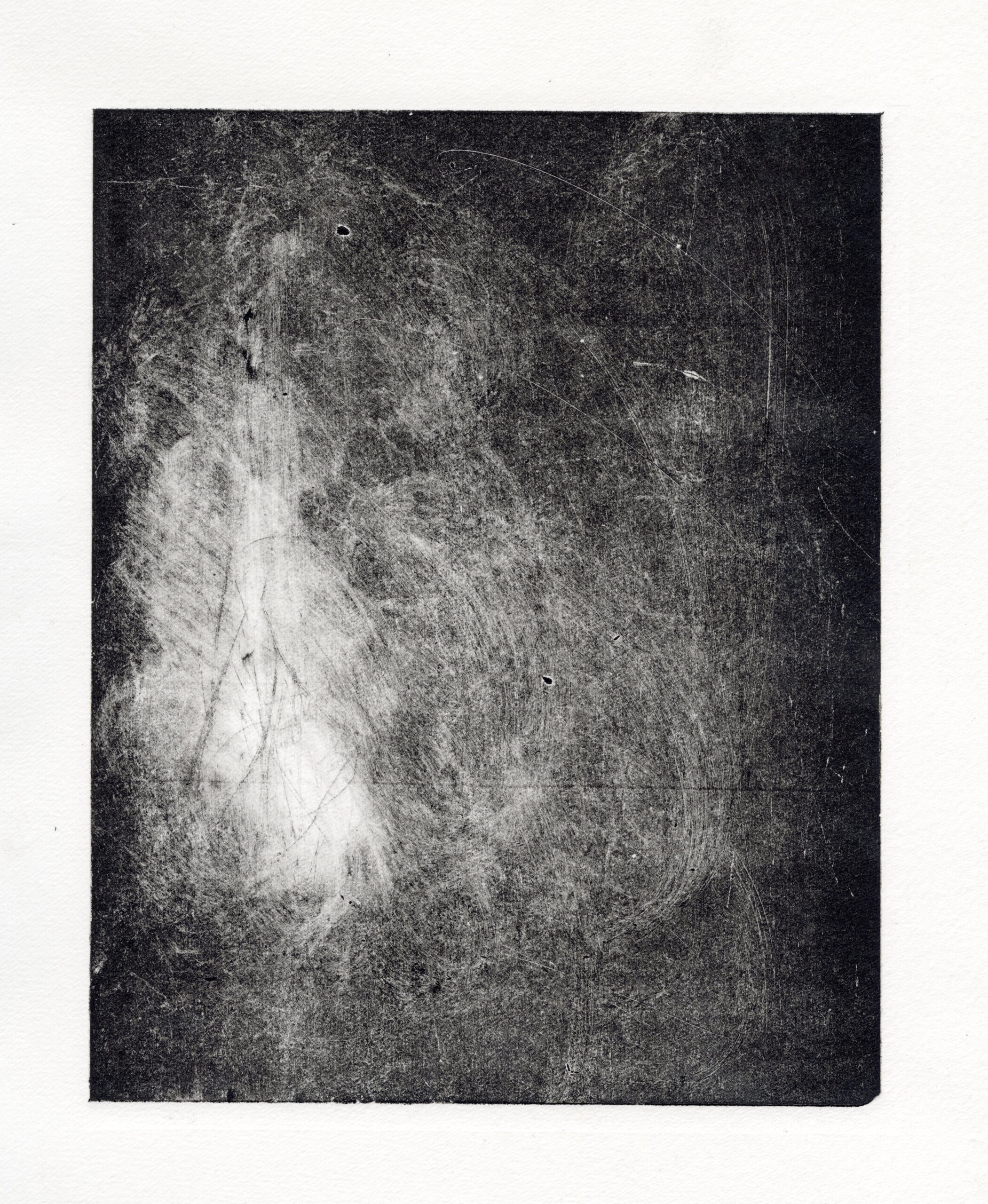 A roughly midtone relief monoprint pulled from a scratched glass plate. There is a sizable nearly white amorphous shape near the middle left margin.