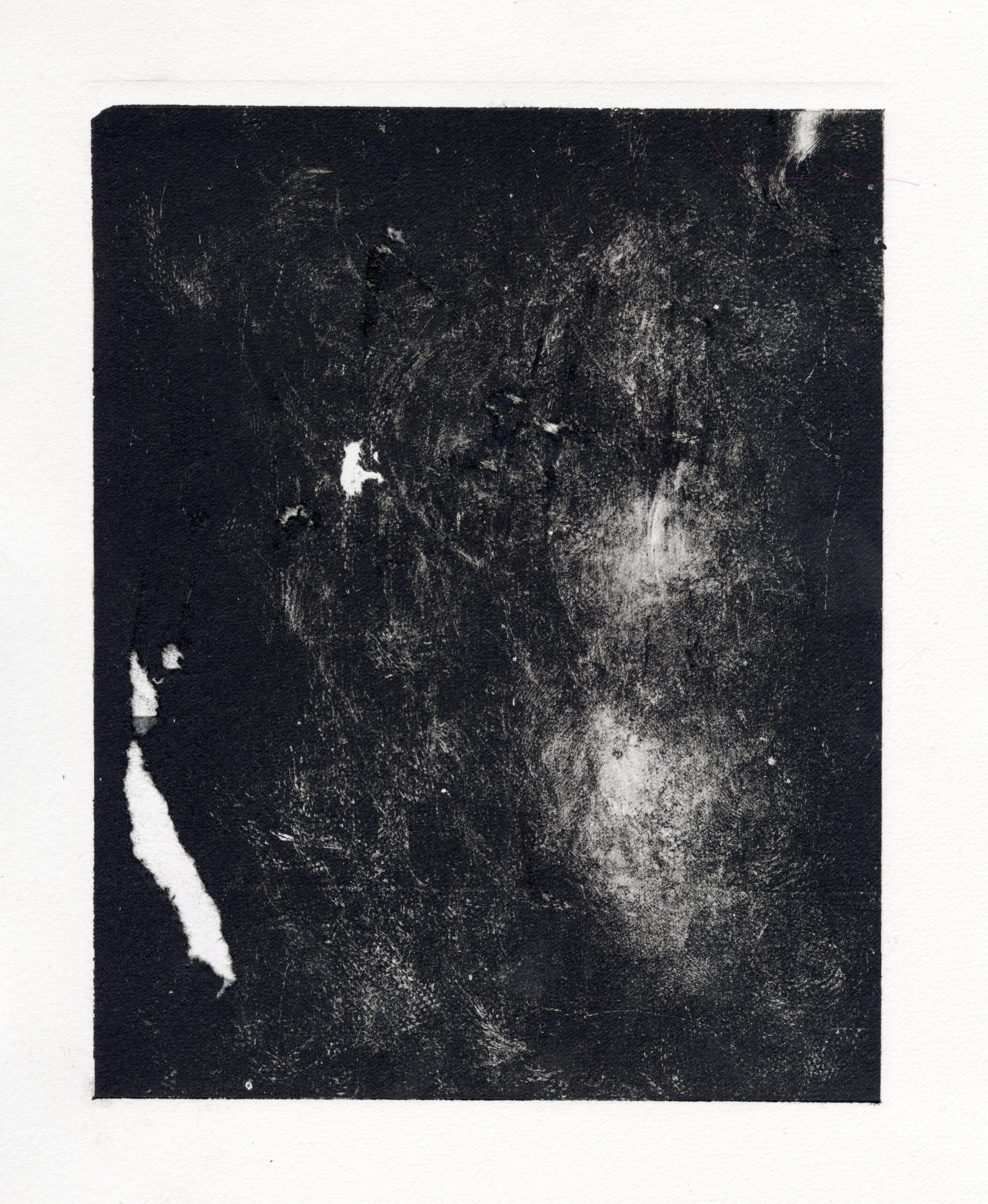 A very dark relief monoprint pulled from a scratched glass plate. Small tears exposing the paper beneath are in the lower left corner.