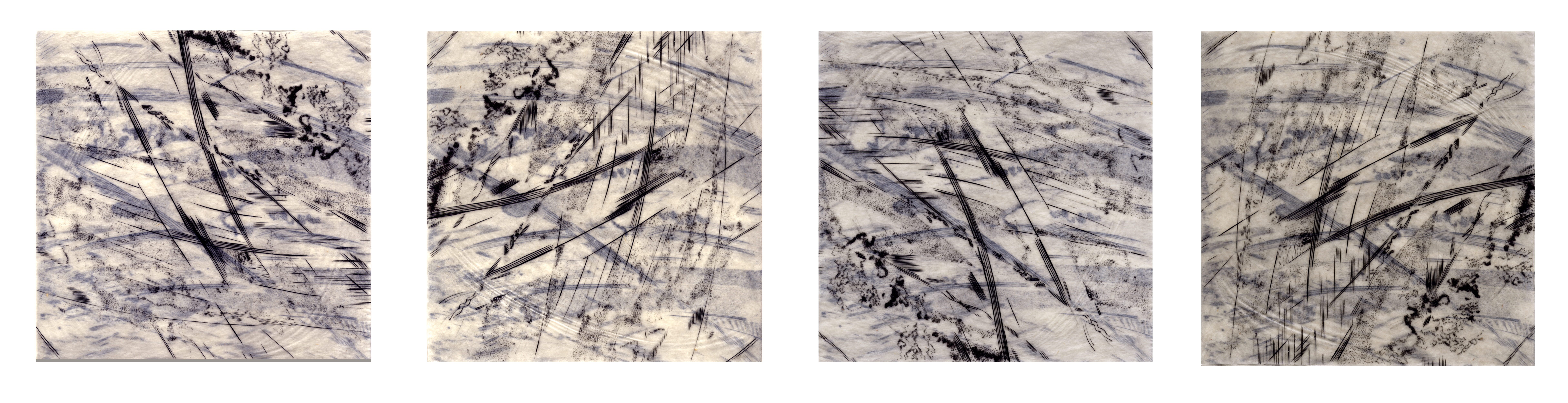 Four panels of expressive mark making created by engraving the charcoal marks left behind by a lasso passing over copper plates. The prints are the interpretation of the act of mark making from the initial repetitive tool, the lasso.