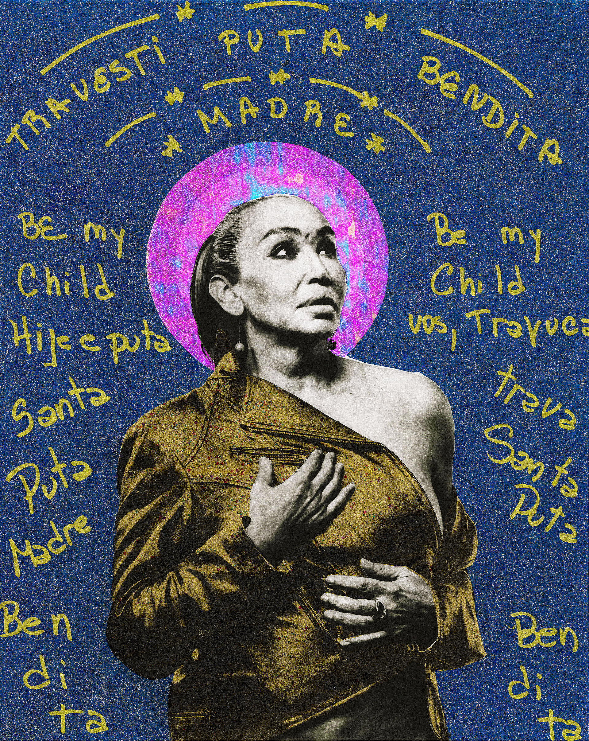 A woman with a one shoulder bared is surrounded by gold text on a blue ground with a fuchsia nimbus behind her head.