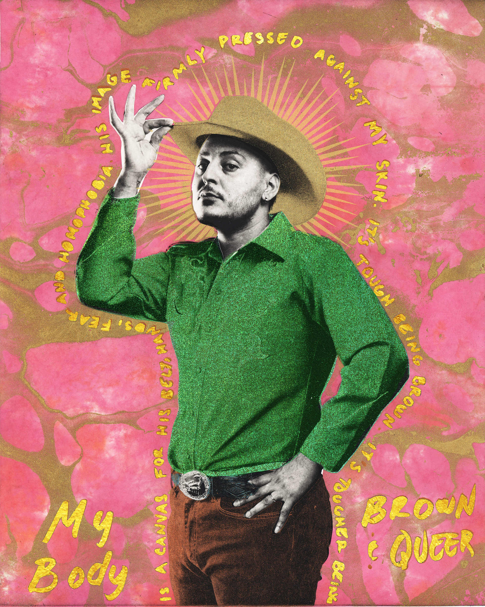 A queer man tips his cowboy hat to the audience surrounded by gold text on a marbled pink and gold ground. A gold star burst nimbus is behind his head.