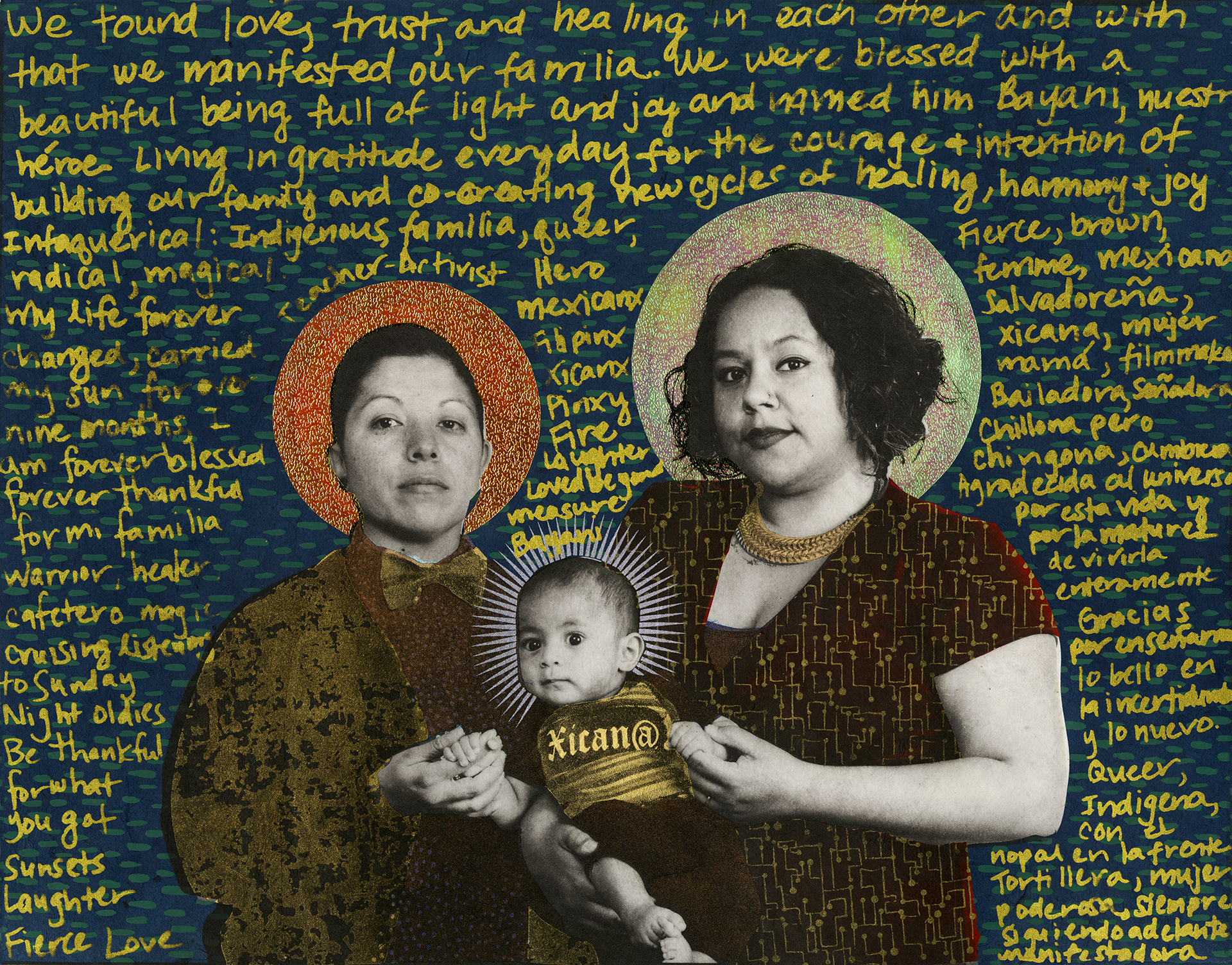 Two queer women hold a baby, all with opalescent halos. The figures are surrounded by gold text on a blue and green ground.