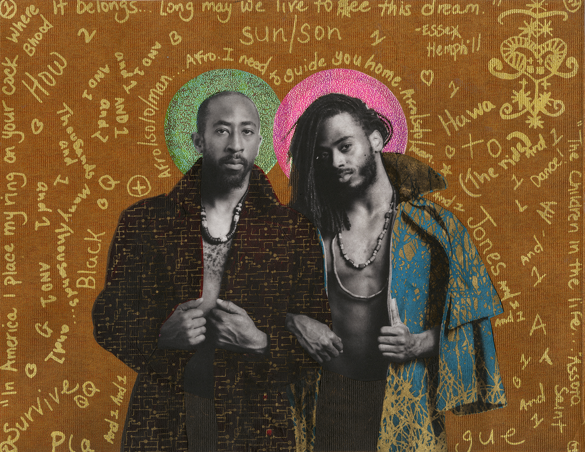 Two Black men with opalescent nimbuses are surrounded by gold text on a textured tan ground.