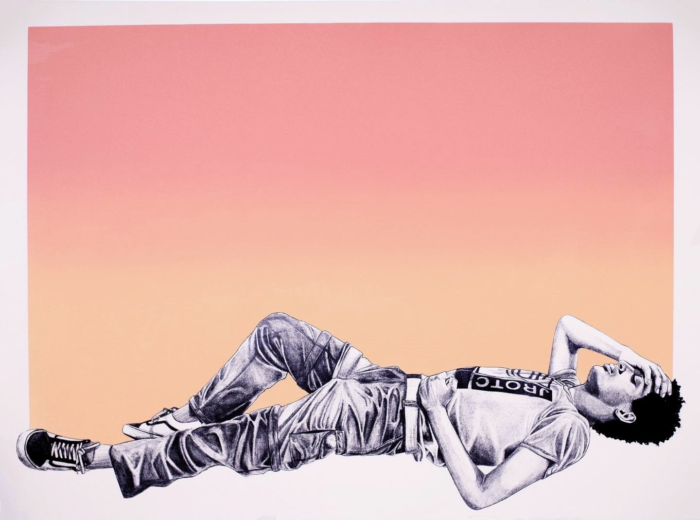 A reclining figure sits on a split fountain of pink to orange at the bottom.