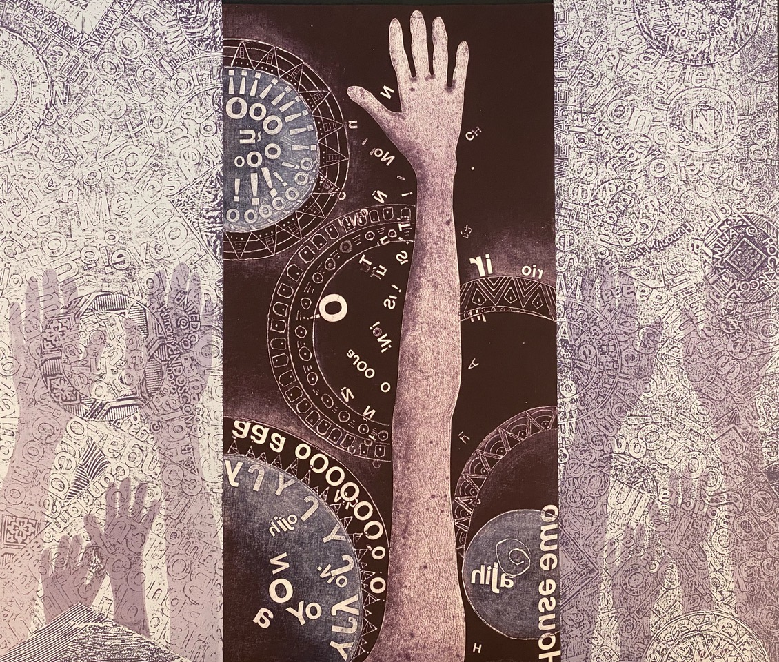 An outstretched hand in the center panel sits over a ground of decorative circles and text. On either side are panels in purple-gray text and outstretched hands.