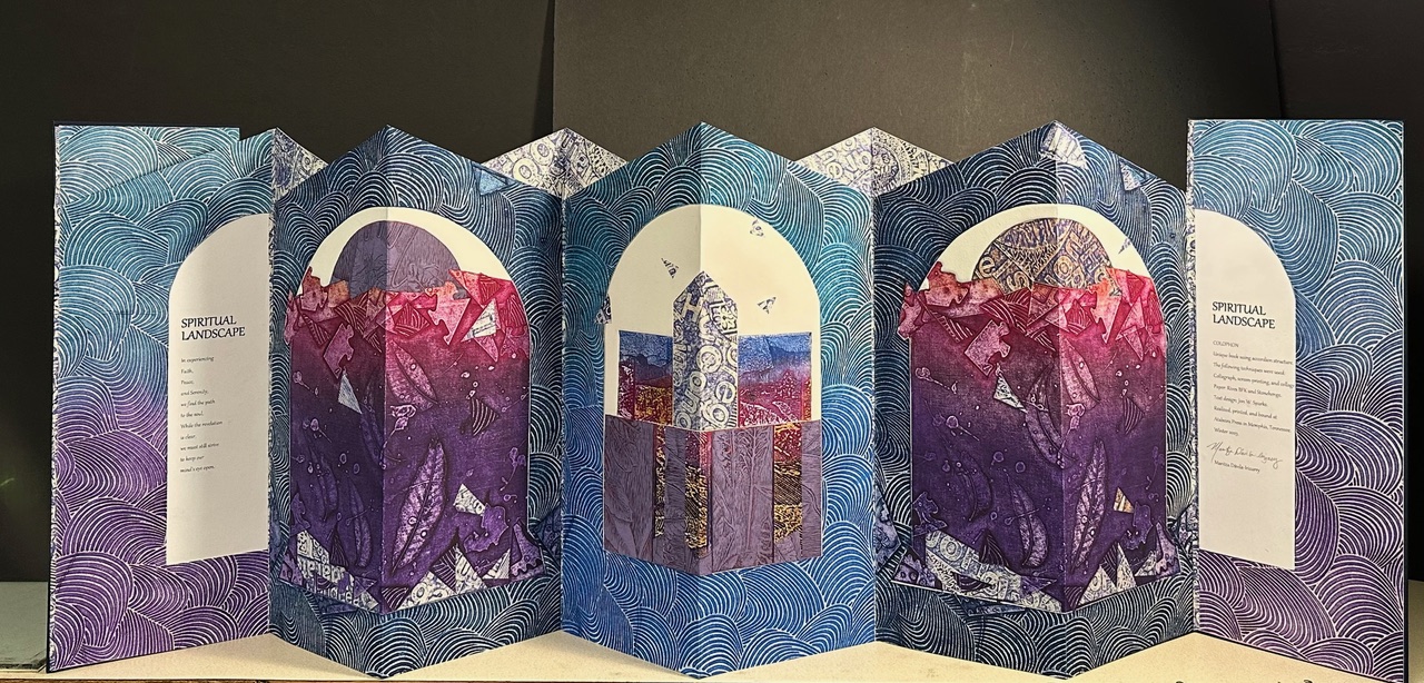 An accordion book, layered with wave motifs in cool colors. In each page an arched occlusion like a window is filled with text in some, and abstracted colographs in warm colors in others.