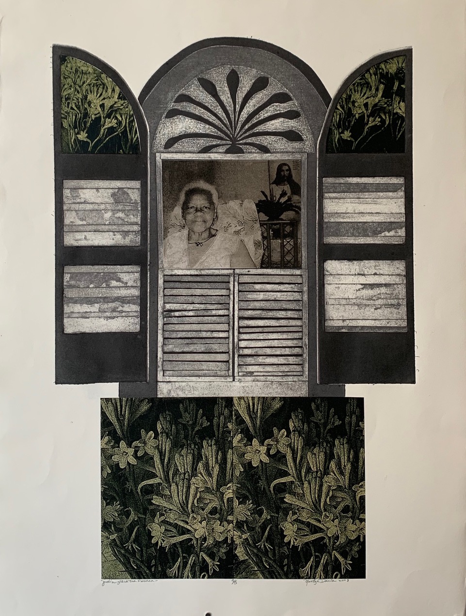 A composition shaped like an arched windows with shutters thrown open is filled primarily with textures like window slats and botanicals. In the center is a panel with an older woman, the artist's aunt, in white.