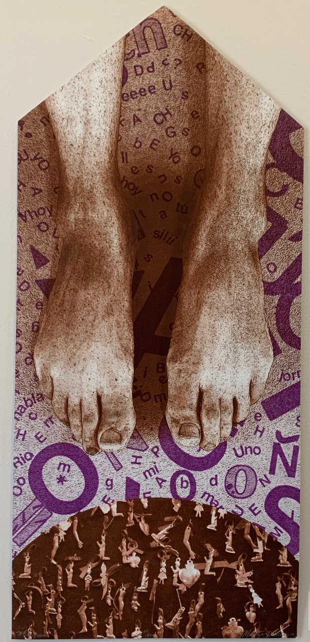 Feet stretch from the top of a peaked composition over a ground of purple text. A semi circle in brown with charms.