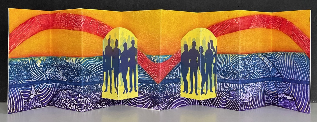 An accordion book with an abstracted collagraph seascape with a bright sunset and red arches in the background, and arched window popouts filled with figures in silhouette.