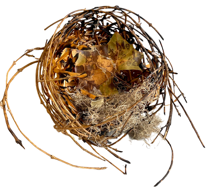 A woven bird nest is filled with leaves with transfers of vintage Black children in school class photos.