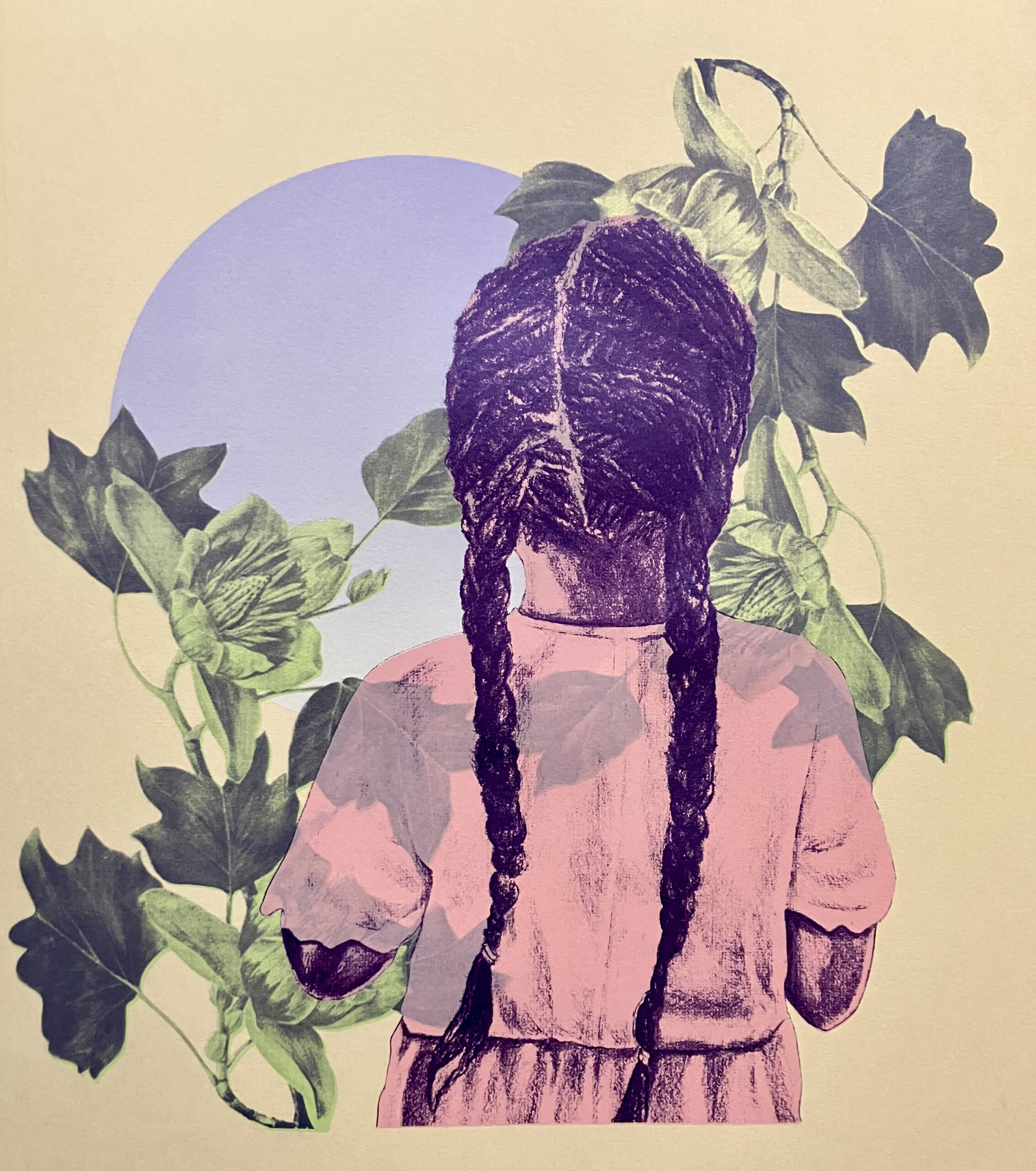 A young girl in braids in pink stands with her back to the audience over a ground of botanicals and a split fountain circle evoking the moon.