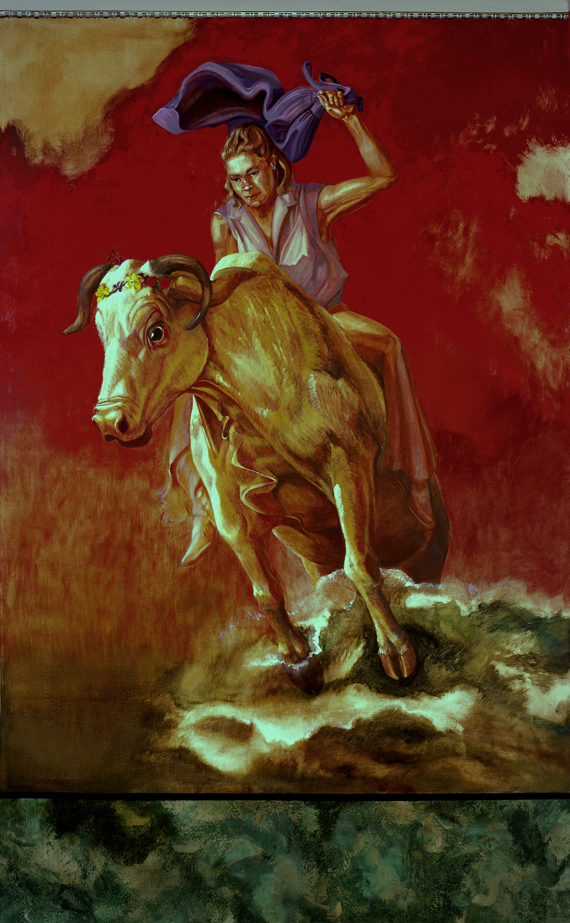 A woman waving a purple garment overhead rides a white bull in this oil painting executed with rich reds and faux fresco and stone textures to be reminiscent of murals at Pompeii