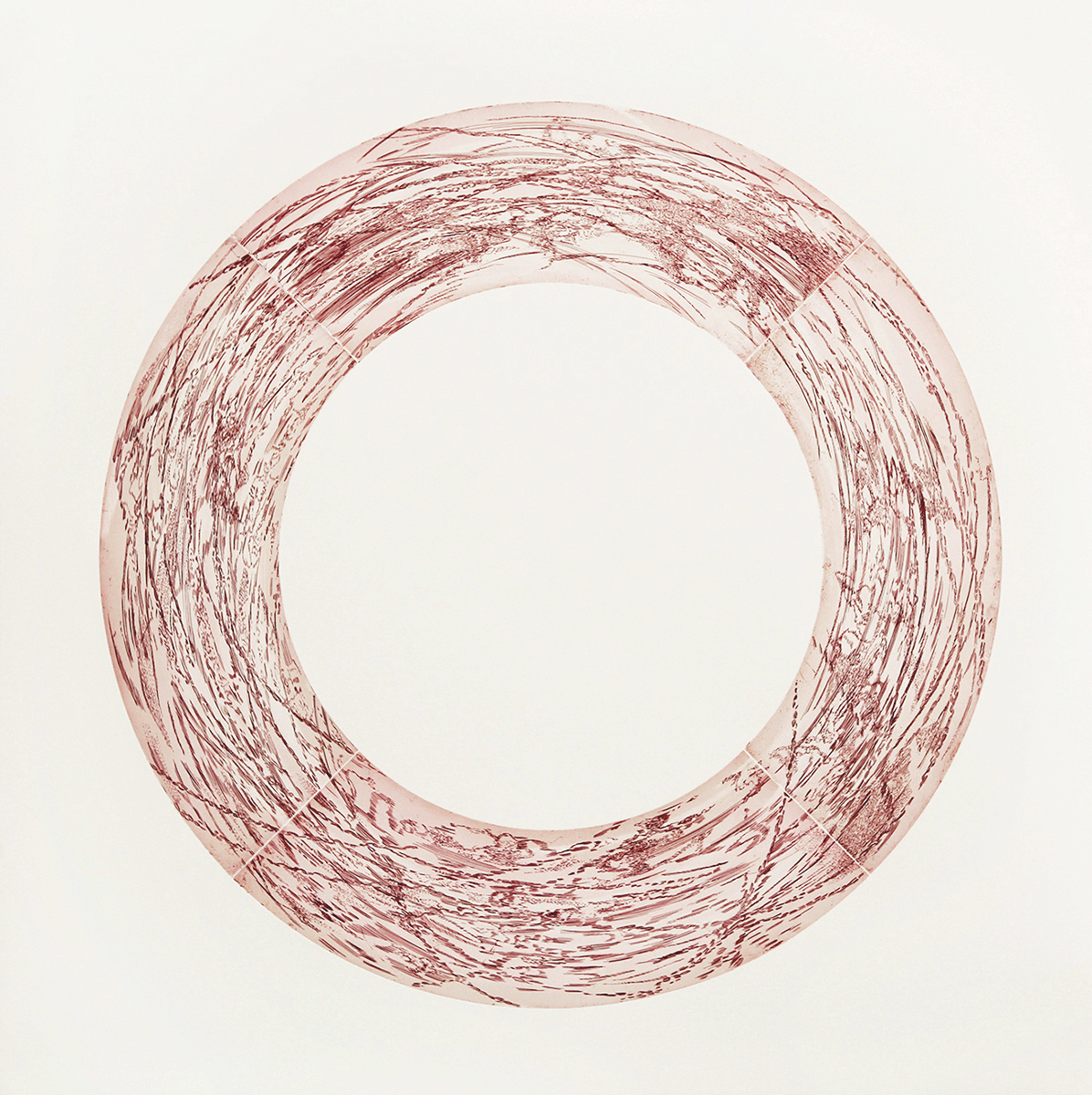 A ring, composed of shaped plate etchings in red document the lines left behind by the artist passing a spinning lasso over the plates.