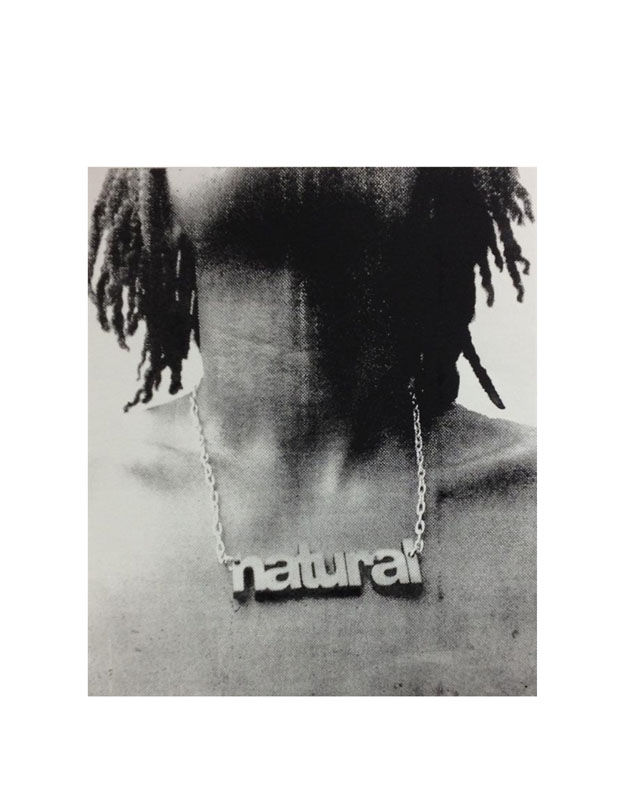 A photo based litho of a person with braids wearing a necklace spelling out the word "natural". The title of the piece "#000000" is a reference to the hexcode for the color black.