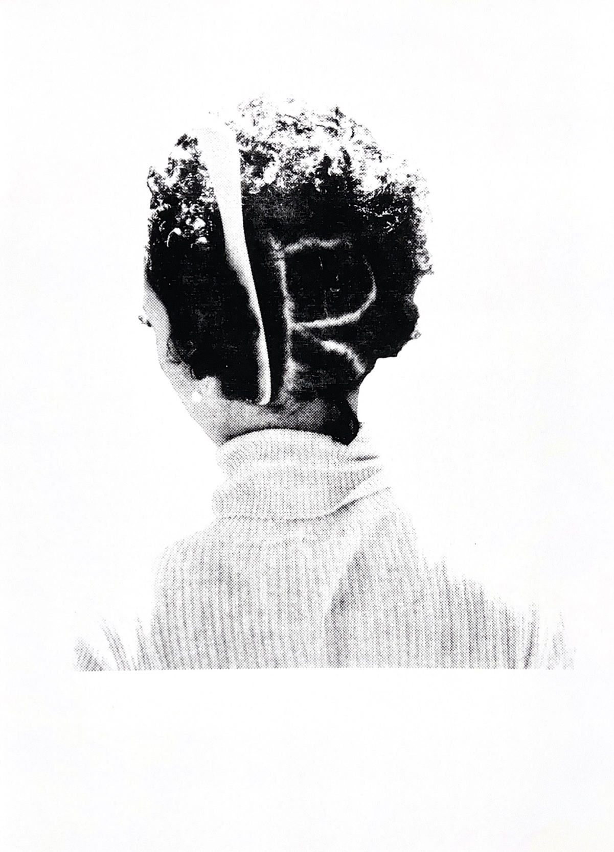 A figure in a turtleneck is seated with their back facing the viewer. In their close cropped hair a ragged letter "R" is cut.