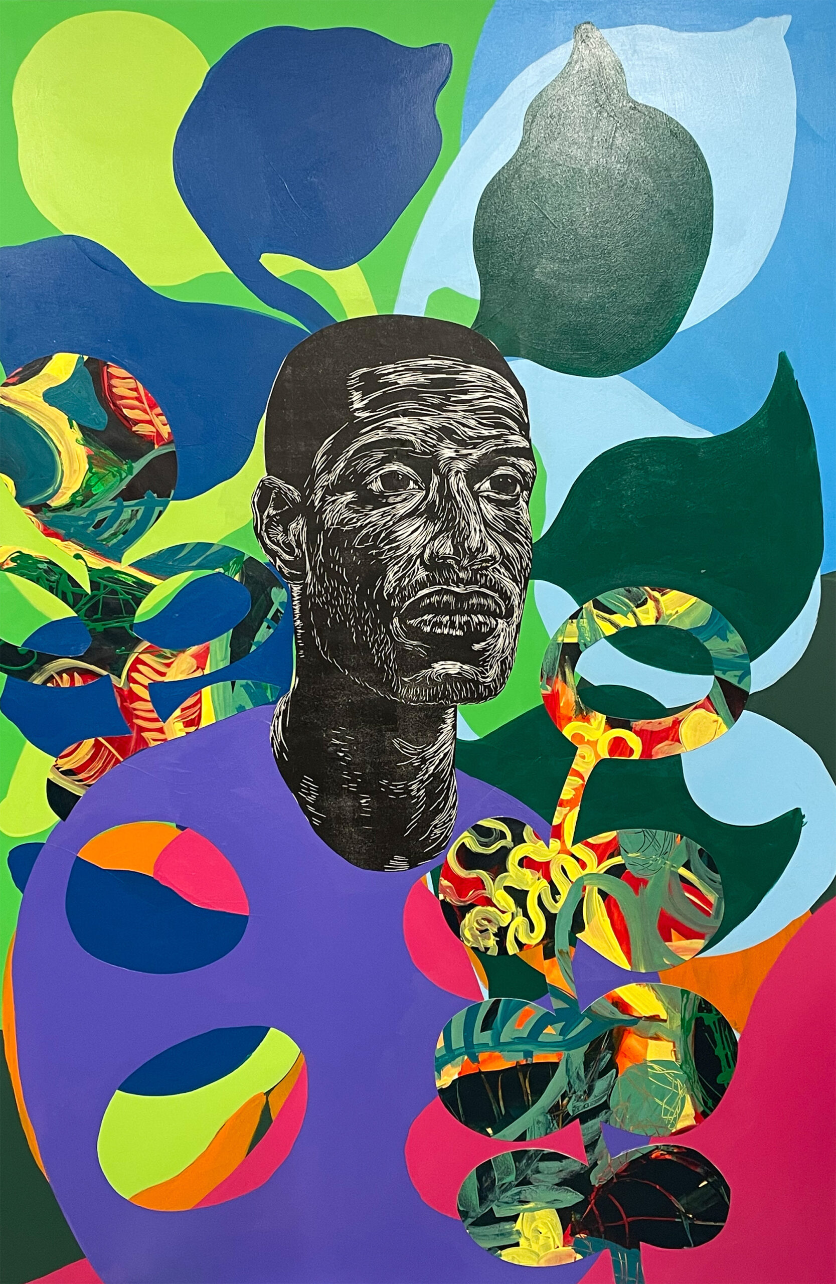 A woodcut portrait of a young man is surrounded by biomorphic stenciled acrylic and collage plant forms