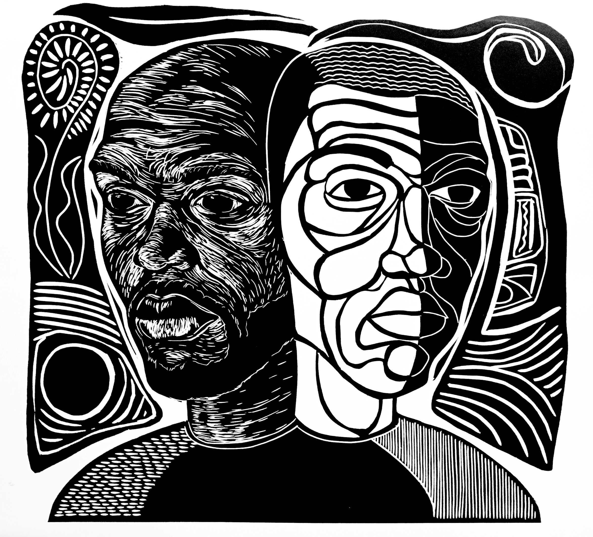 Two male portraits, one more naturalistic, the other more expressive, look in opposite directions off a composition composed of biomorphic forms reminiscent of traditional African aesthetic motifs.