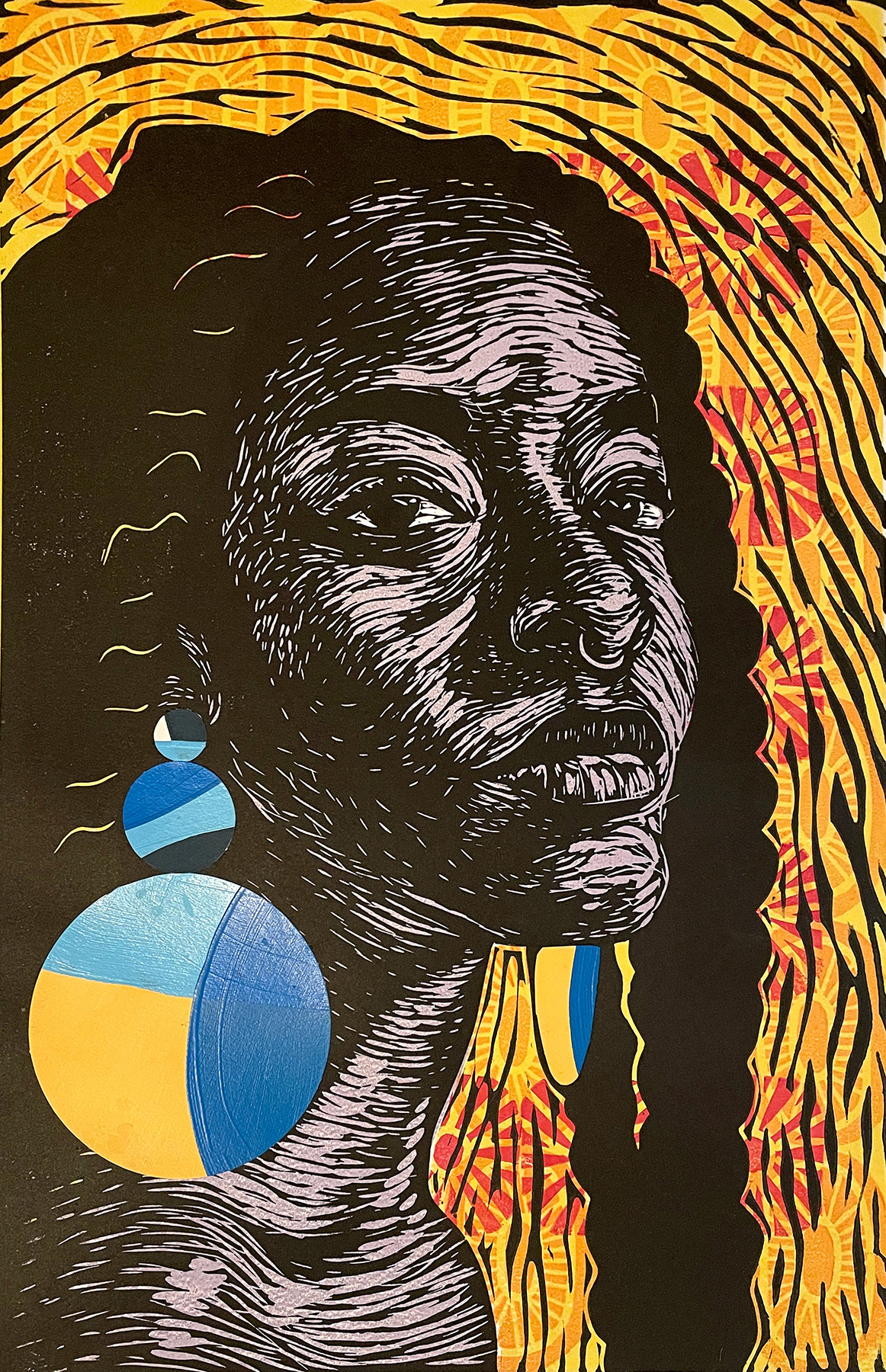 A woodcut portrait of a woman sits in front of a ground composed of biomorphic patterns in warm colors. She wears large earrings of colorful circles.