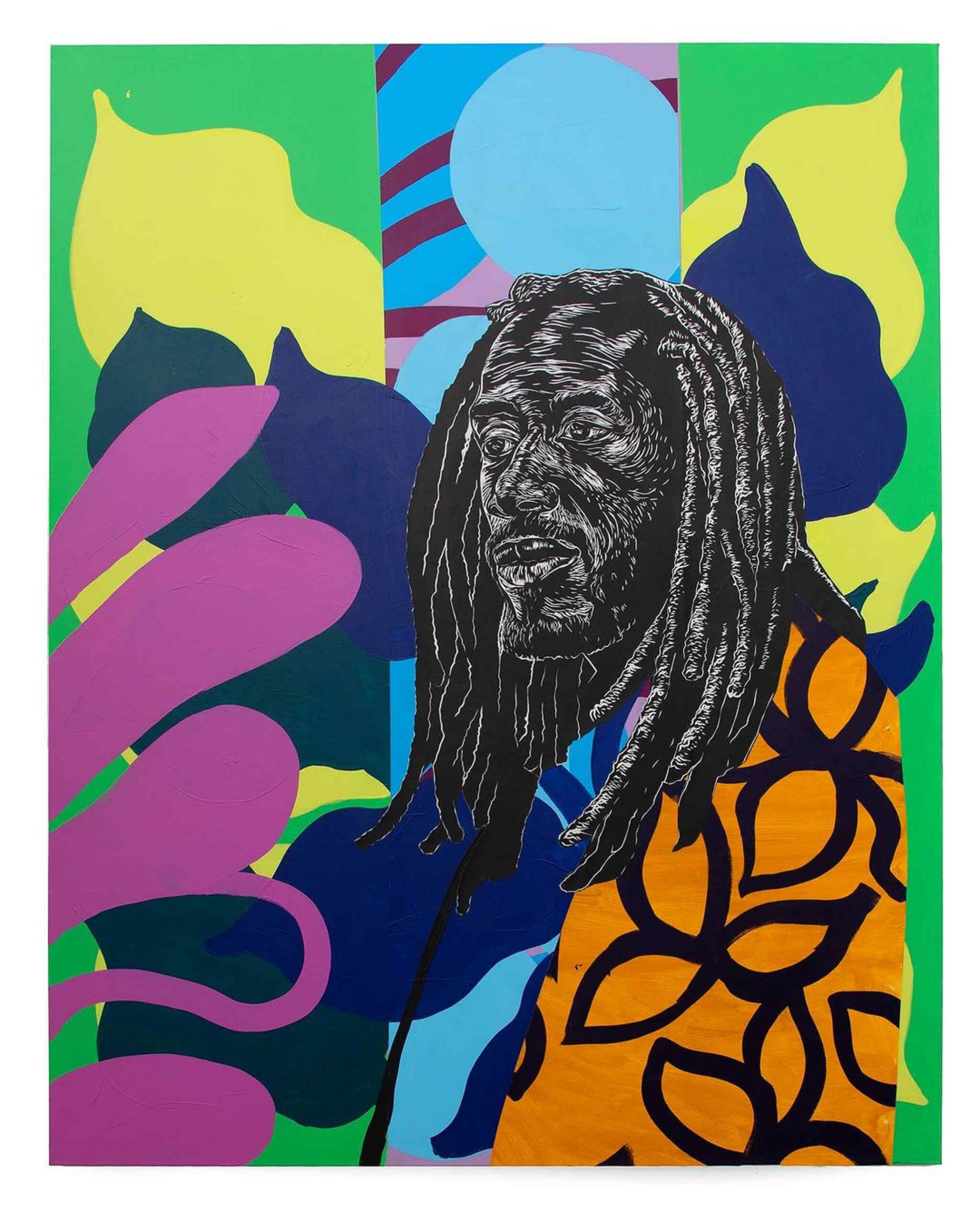 A woodcut portrait of a man with dreadlocks is surrounded by biomorphic stenciled acrylic and collage plant forms.