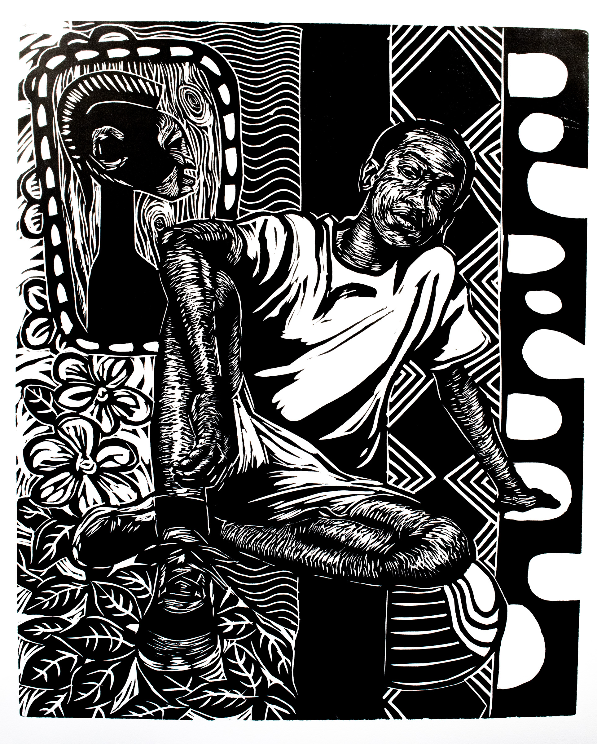 A young figure reclines in a space composed of patterns informed in part by African tribal motifs.