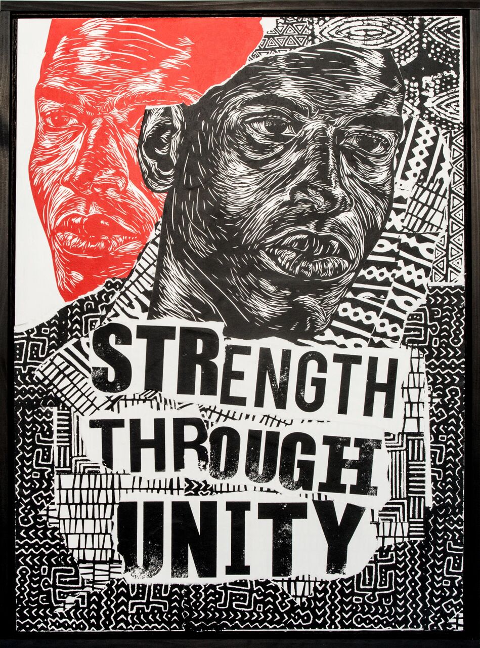 A woodcut face in red ink in the background is partially obscured by another face in black in surrounded by fabric pattern motifs and the text "strength through unity"