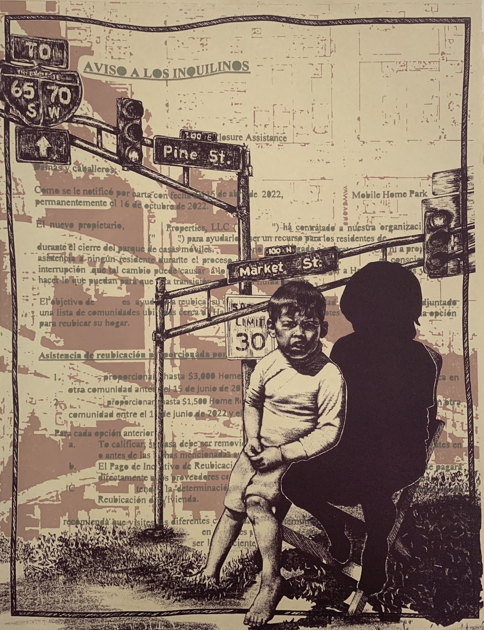 A young boy sits on a bench with a silhouette of an absent person. Behind are street signs and text.