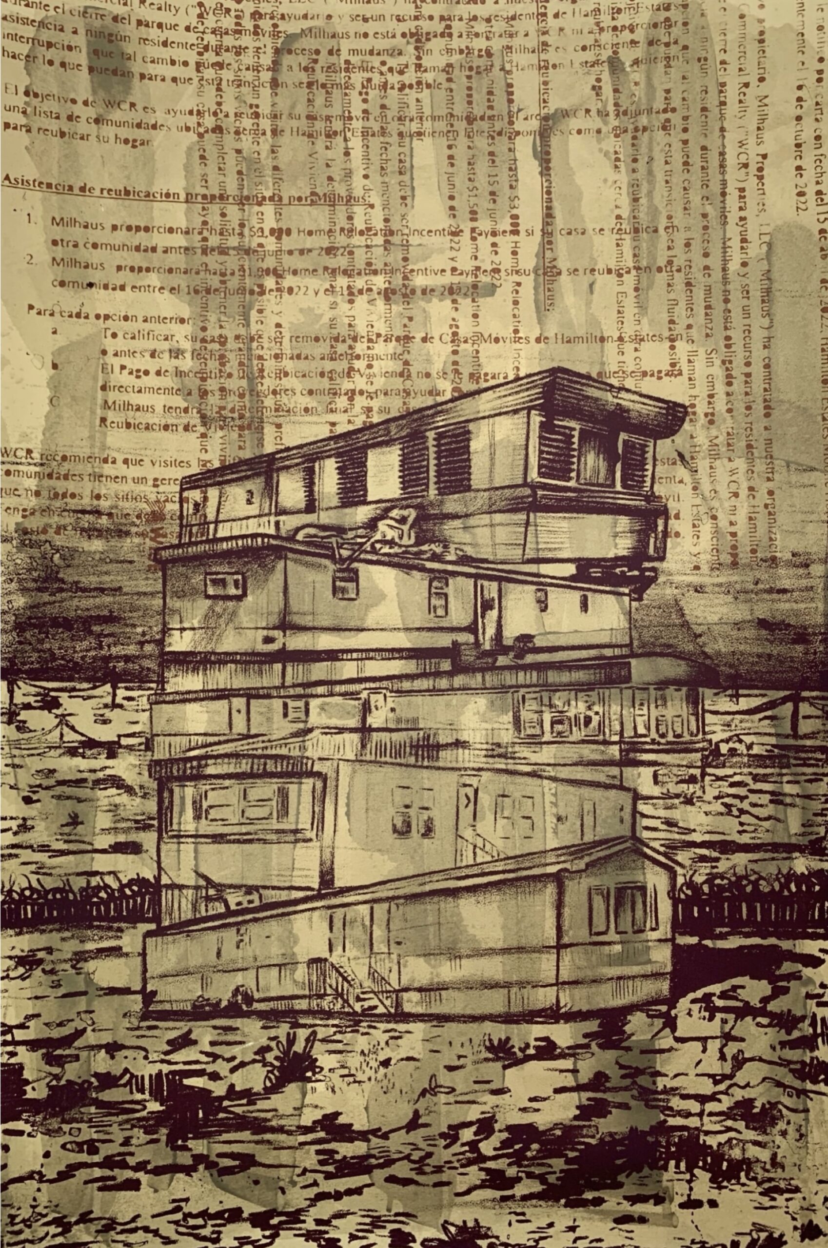 A tower composed of mobile homes sits over a background of text.