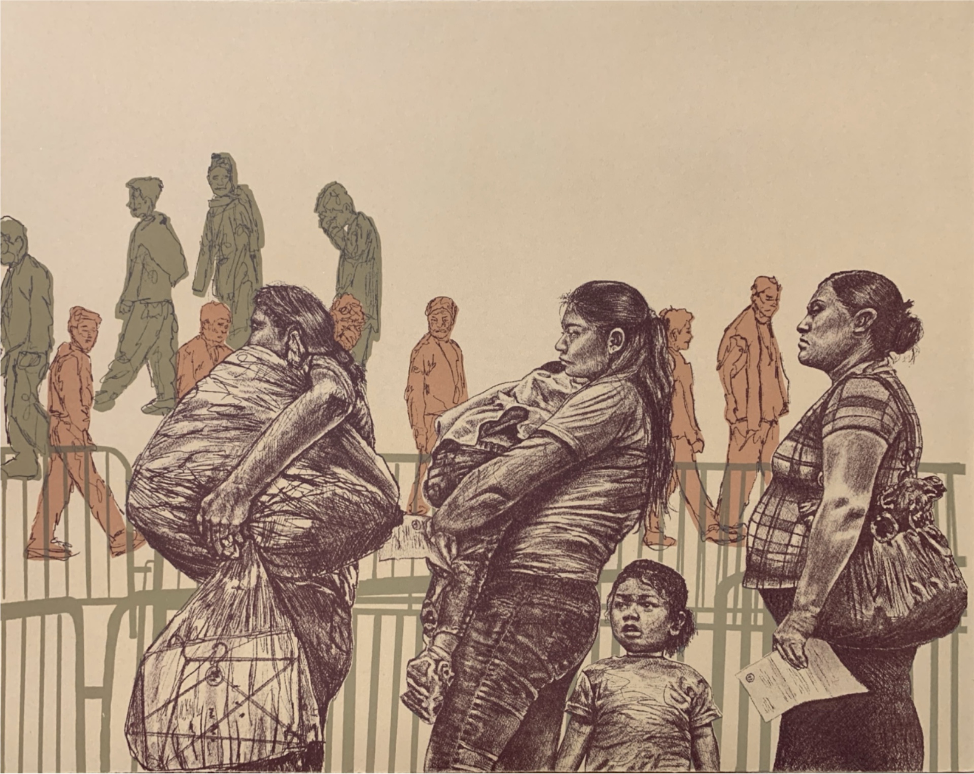 Figures stand in line in the foreground with lines of others in more expressive style behind.