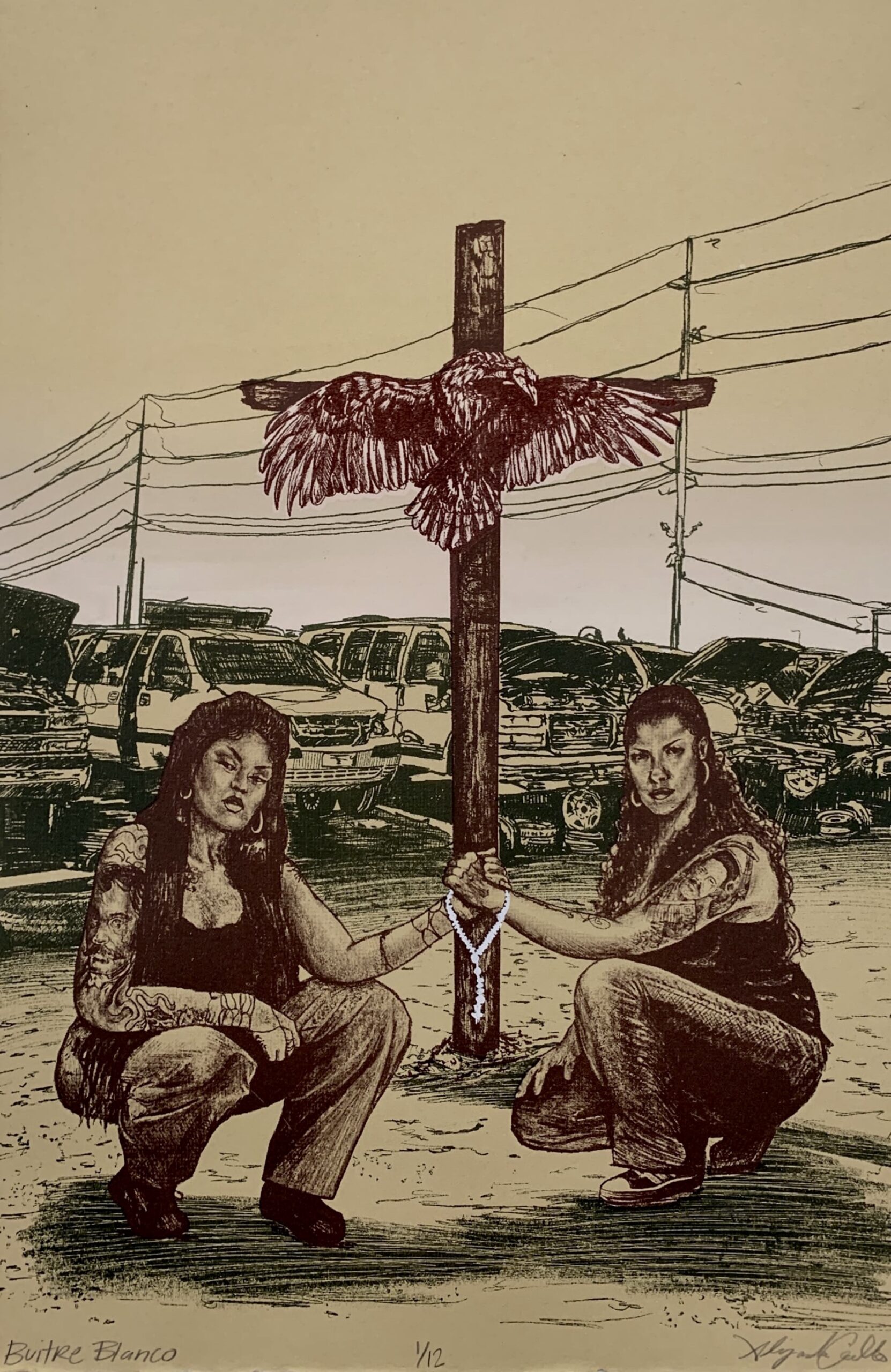 Two women clasp hands linked with a necklace with a vulture crucified in the middle ground and a motor scrapyard in the background.