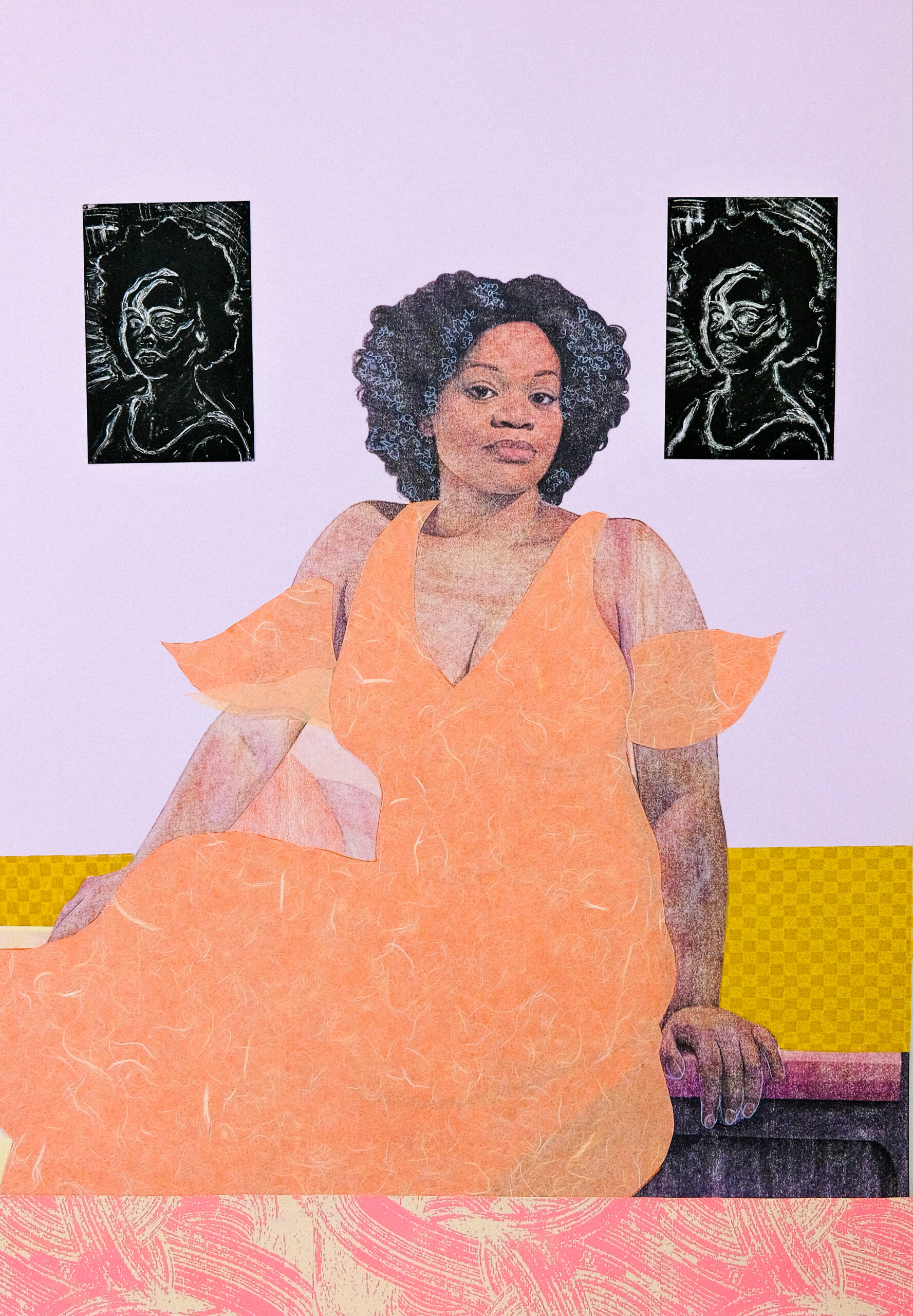 A Black woman in an orange dress sits in a colorful scene composed of decorative papers and transfer prints.