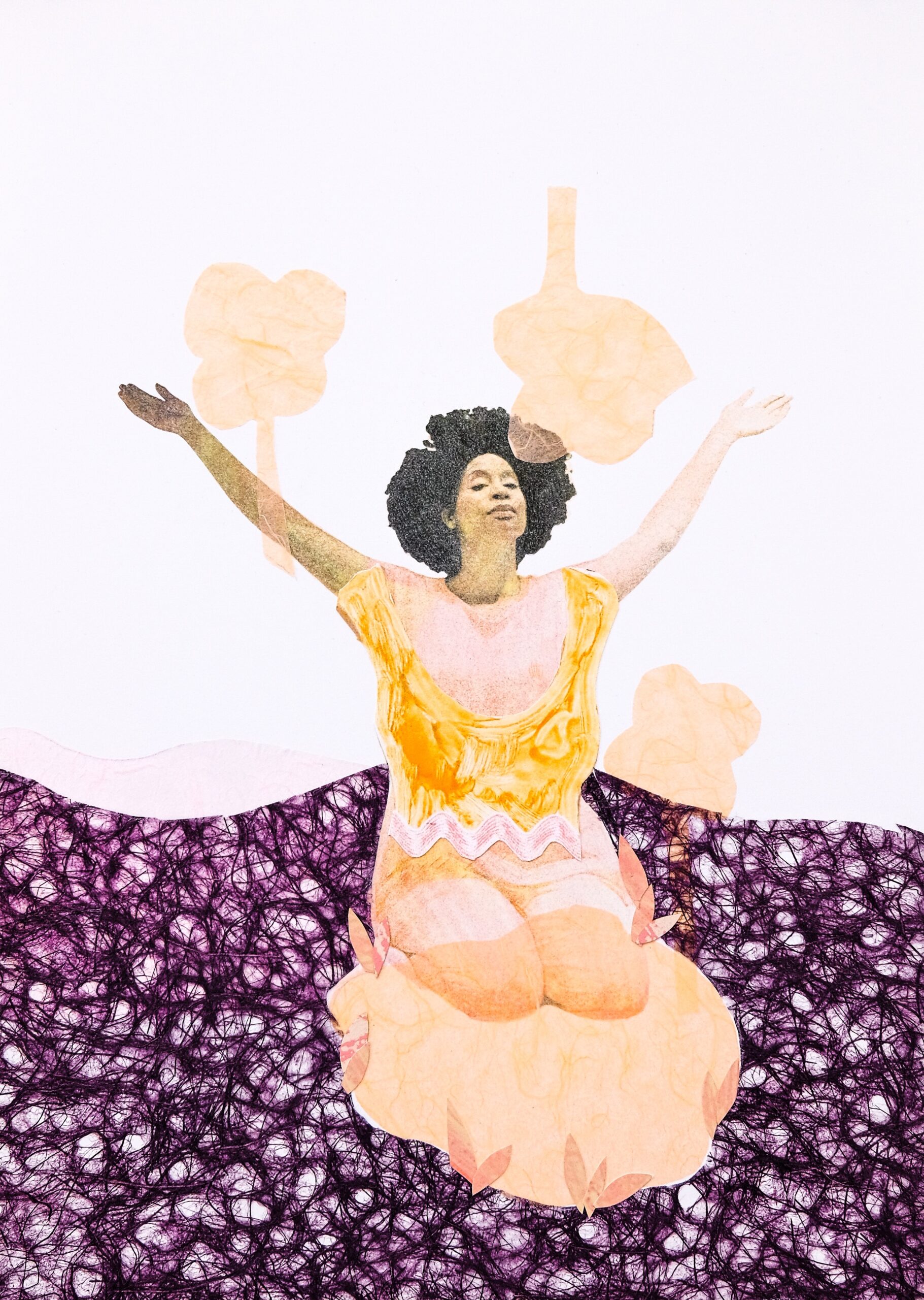 A woman kneeling with hands held to the sky is surrounded by decorative paper in peach and purple.