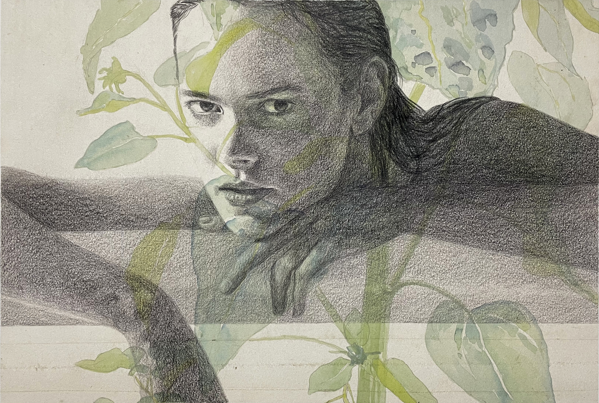 A drawing of a woman leans into the foreground over a background of watercolor botanicals.