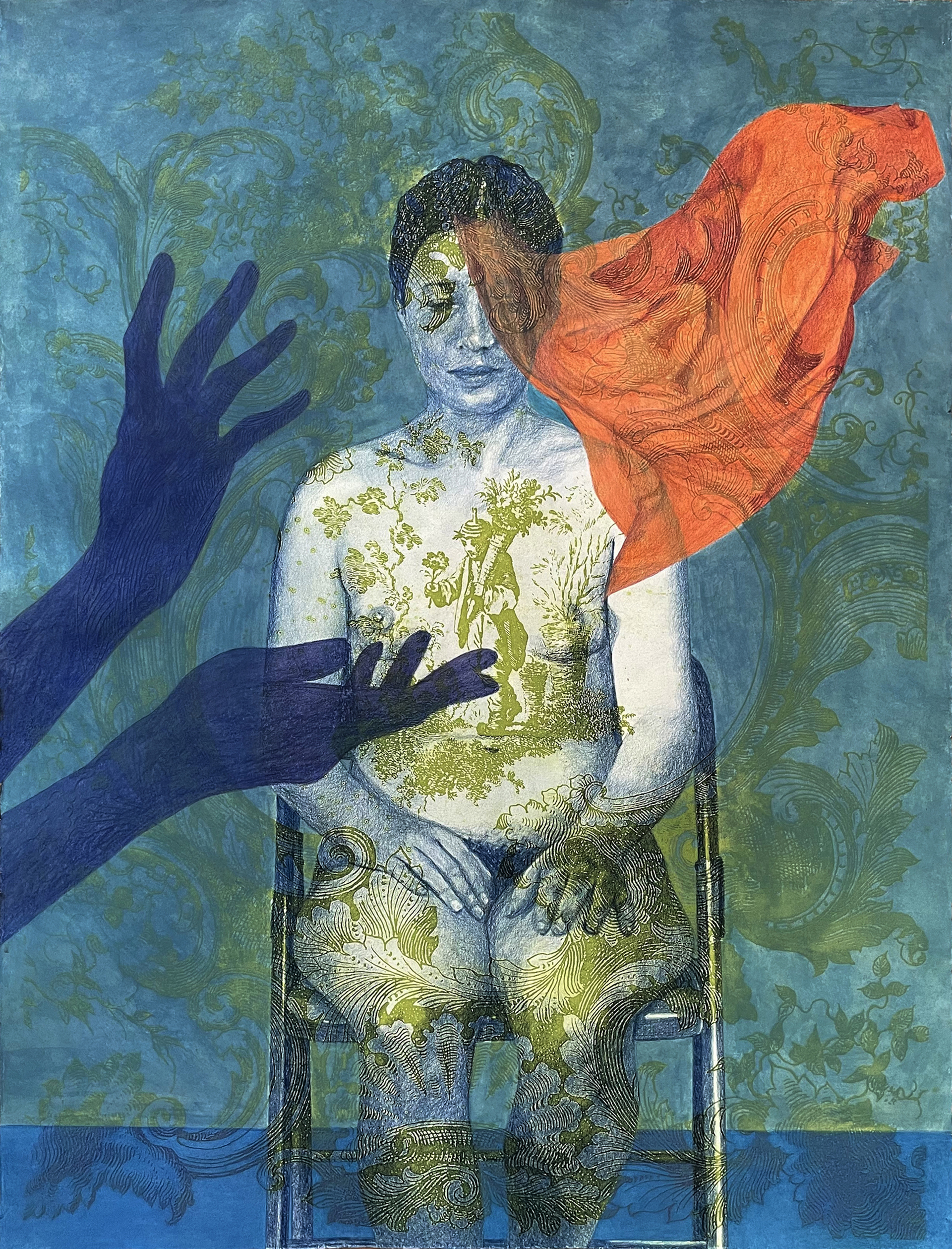 A seated woman is covered by a chartreuse filigreed pattern. An orange sheet blows off her face and a pair of blue hands gesticulate in the foreground.