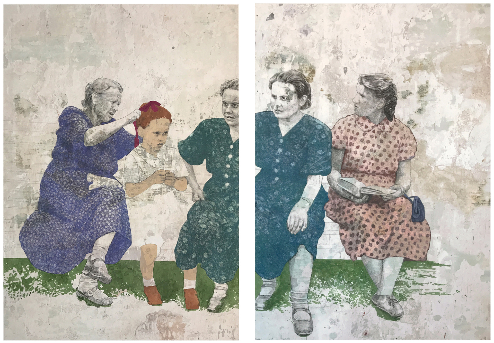 Two panels featuring three generations of women in patterned dresses sitting over a ground that mimics disintegrating plaster.