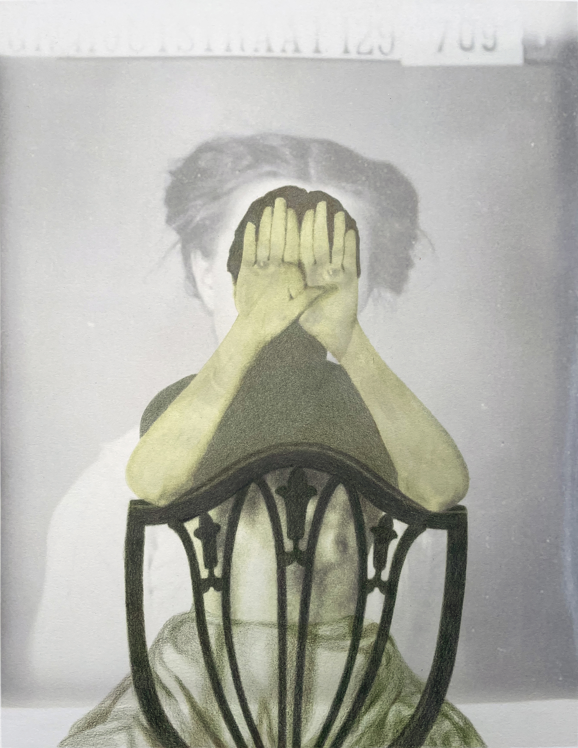 A figure sits backwards in a chair with hands over her face. In the background a photo of a woman interacts with the seated figure so that the eyes of the woman in the background are superimposed over the hands of the seated figure.